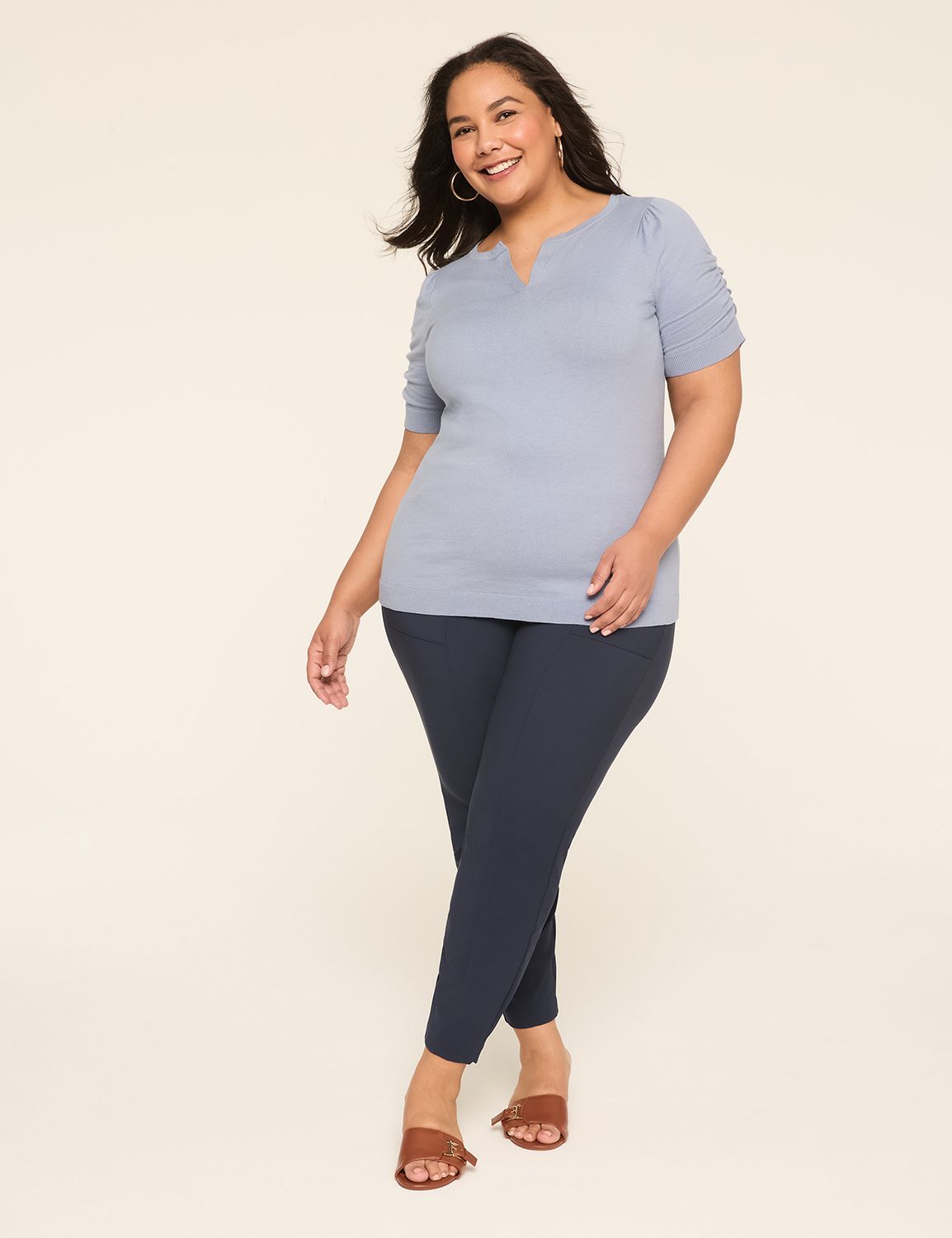 Short Puff Sleeve Slit neck Pullove Product Image 3