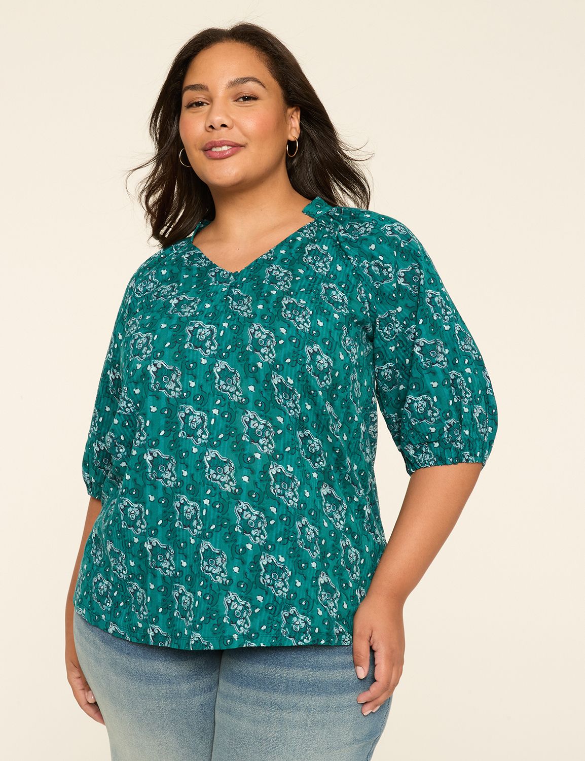 Knit & Woven Elbow-Sleeve Seersucker Top