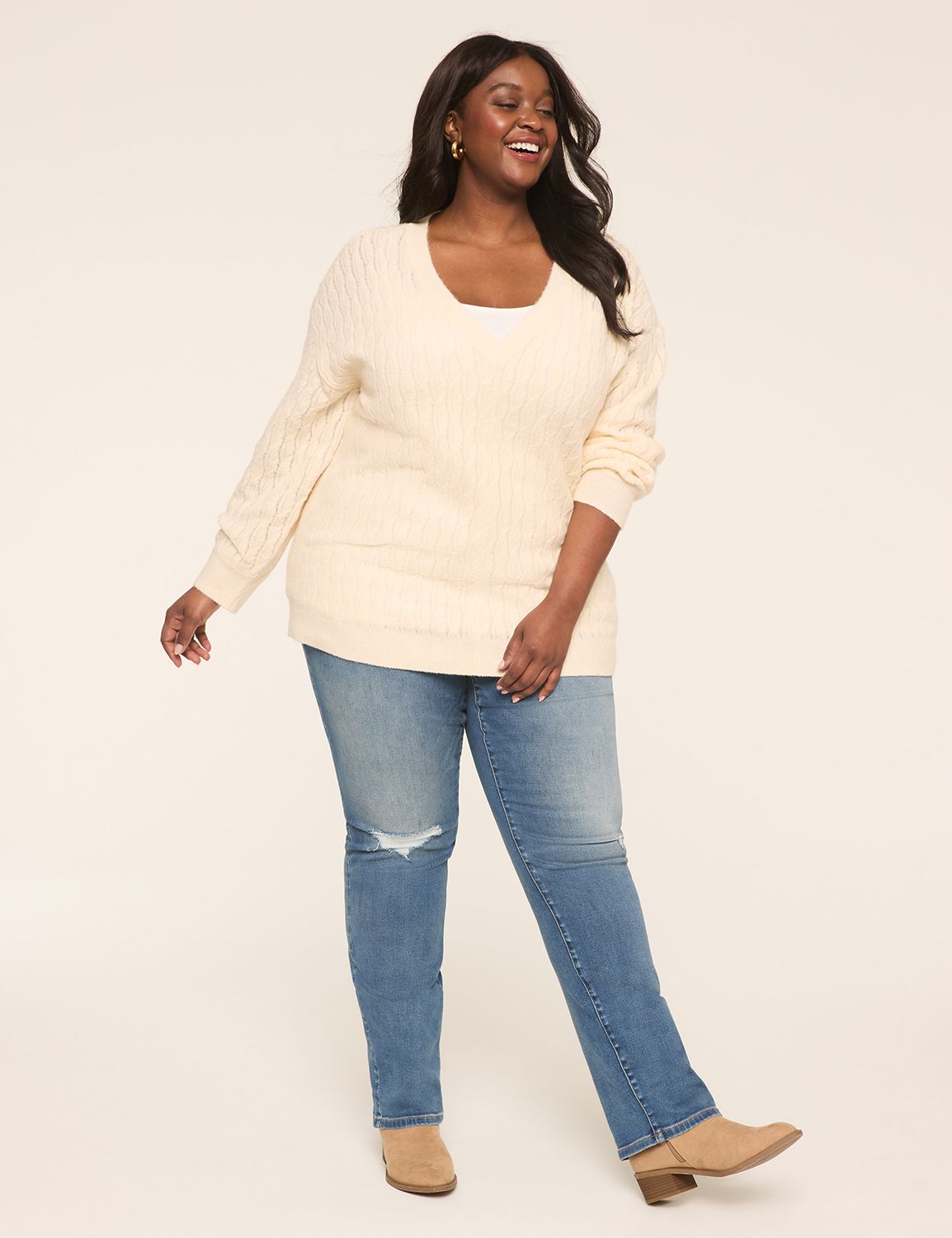 Classic Long Sleeve V-neck Cable Pu Product Image 3