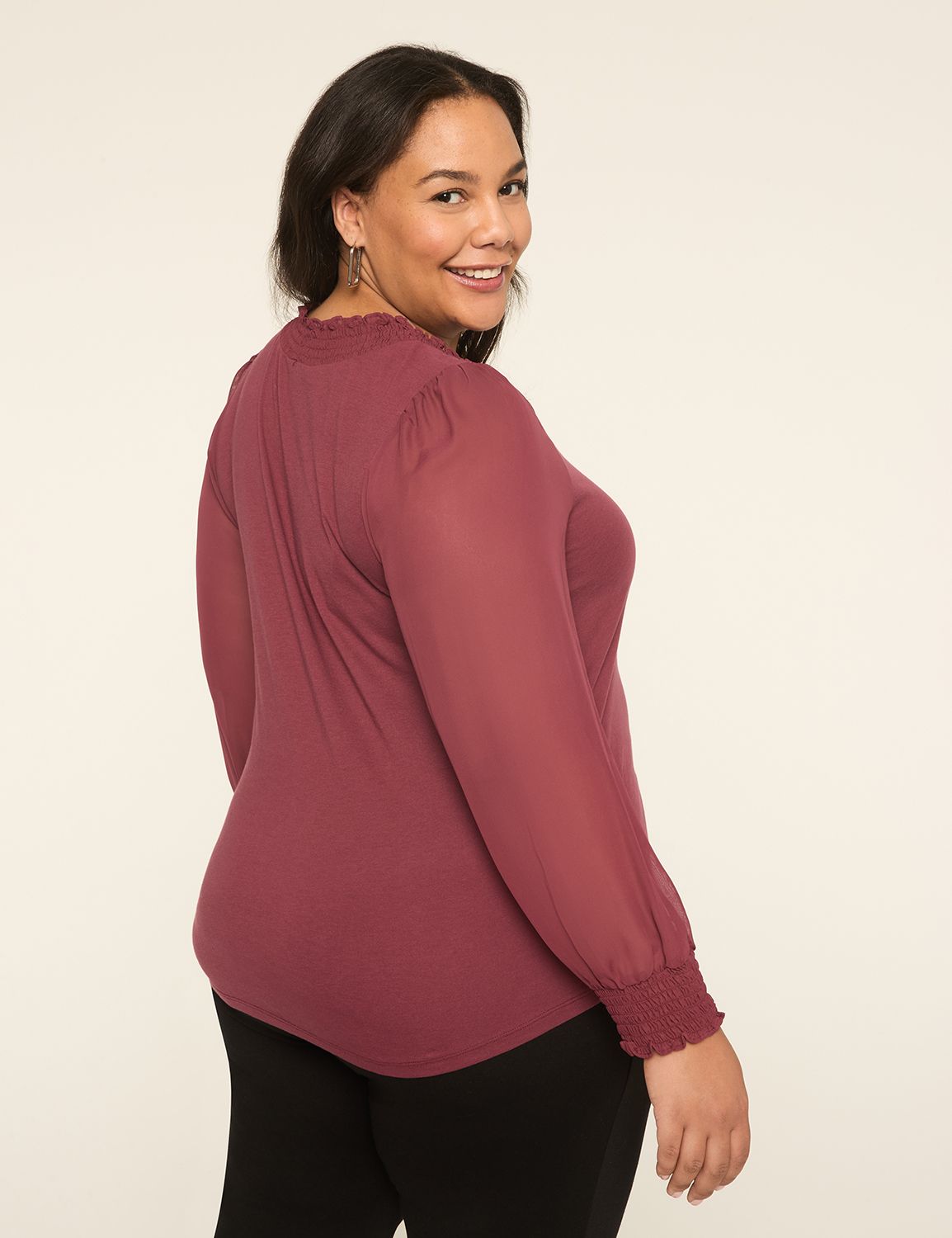 Knit & Woven Smocked V-Neck Top