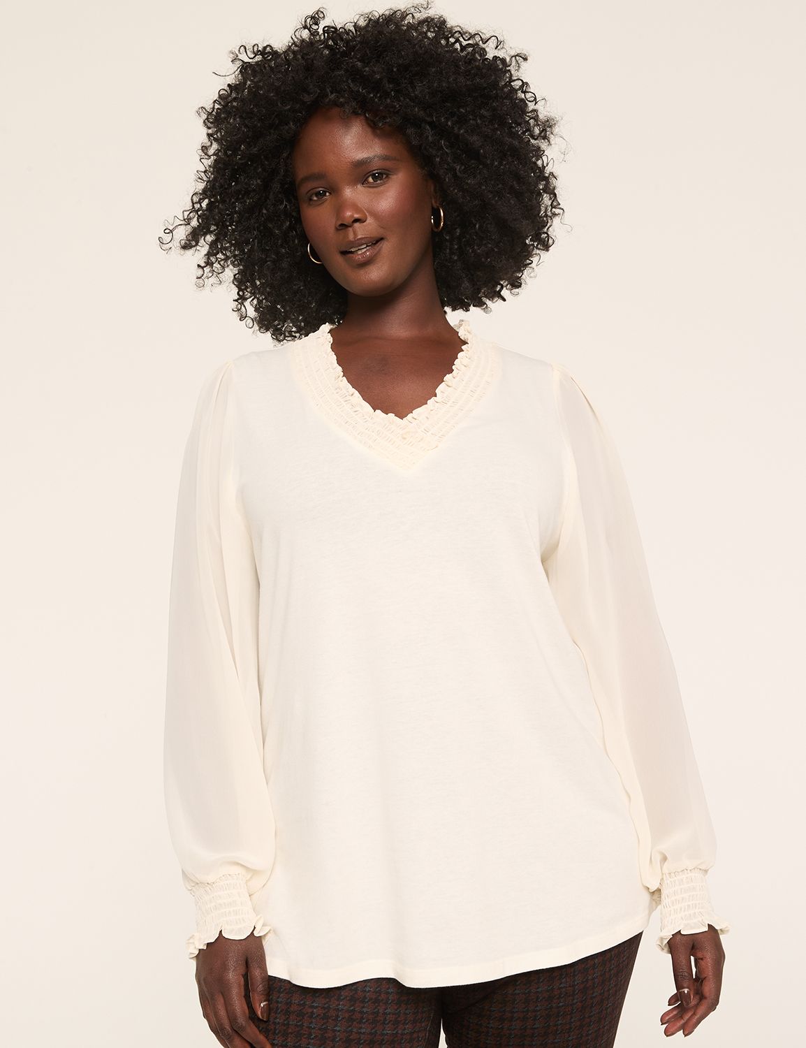 Knit & Woven Smocked V-Neck Top