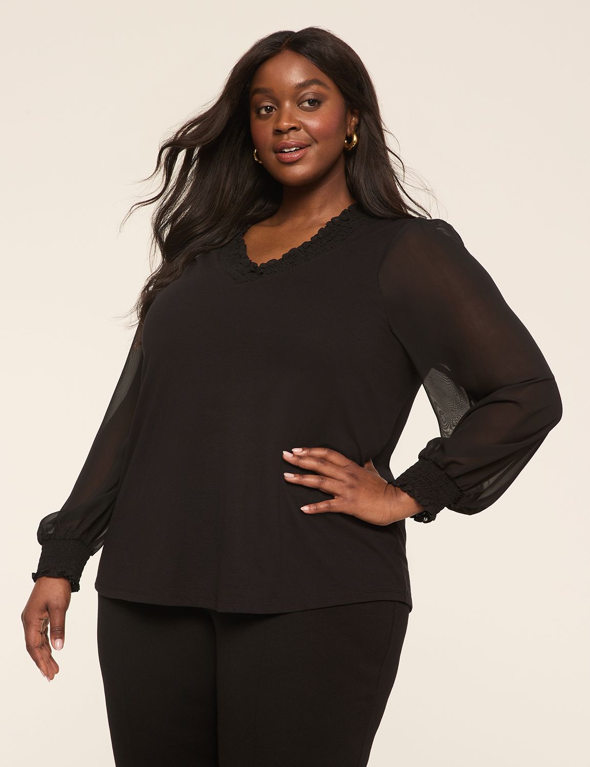 Knit & Woven Smocked V-Neck Top