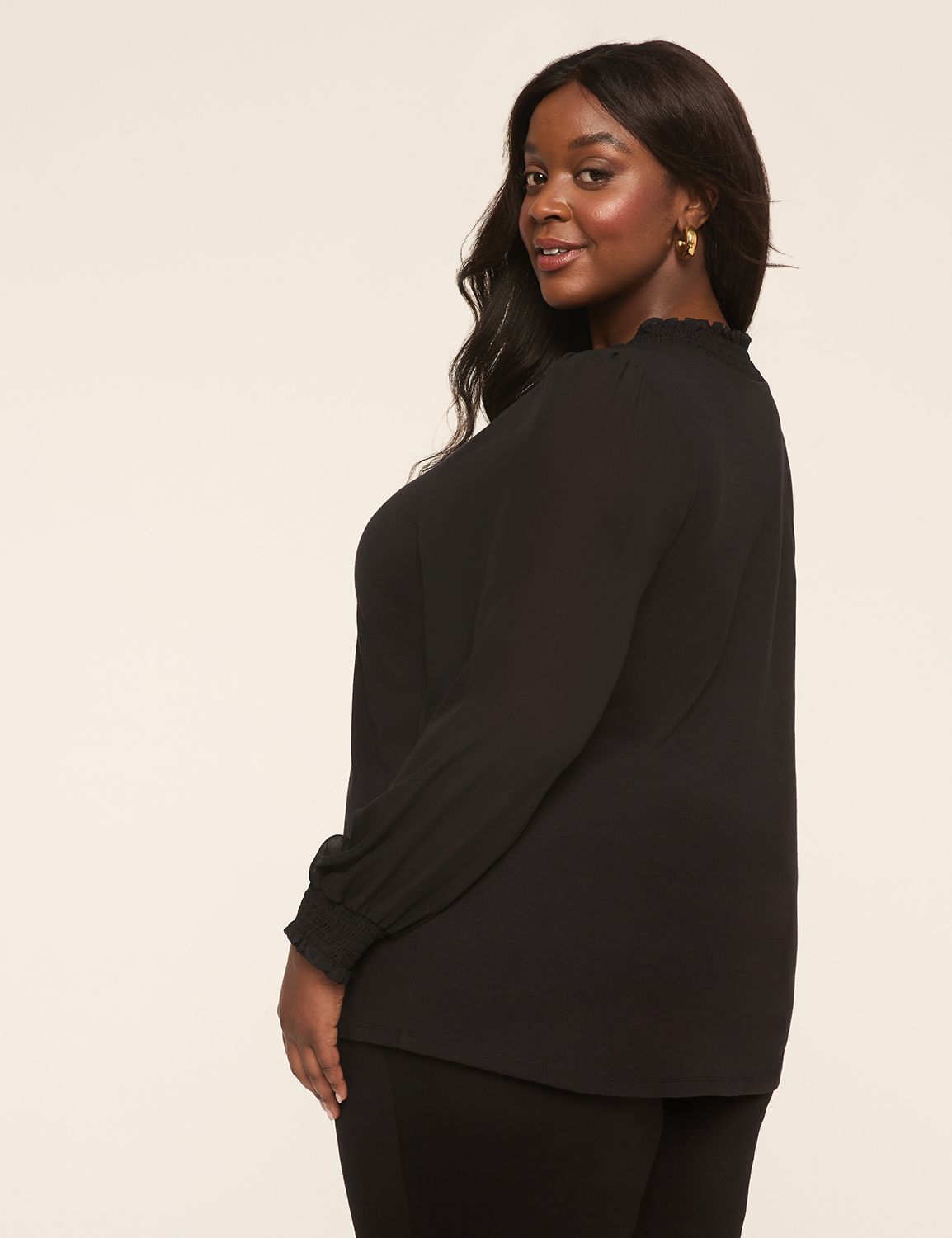 Knit & Woven Smocked V-Neck Top