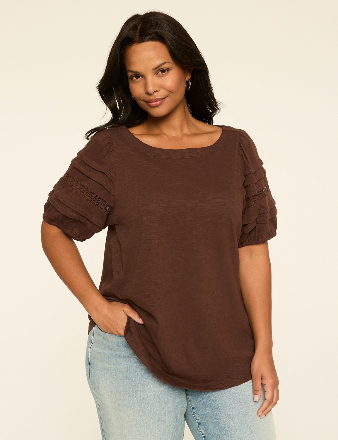 Pintuck-Sleeve Boatneck Top