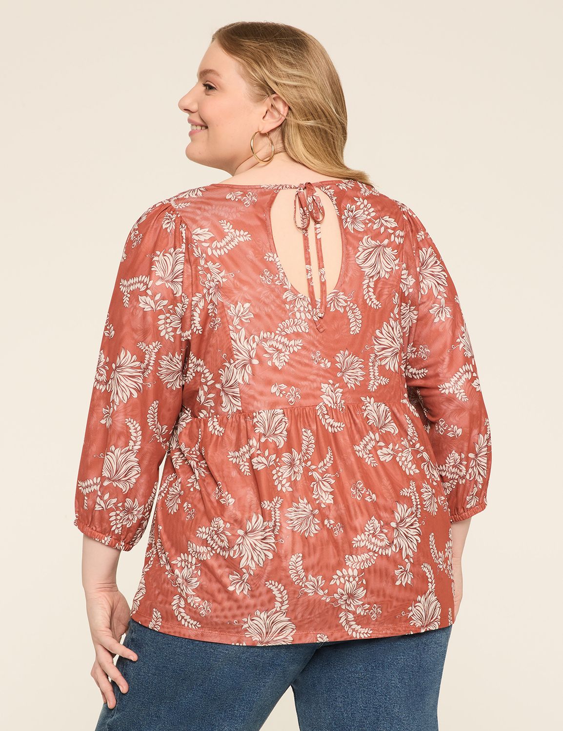 Mesh 3/4-Sleeve Tie-Back Top