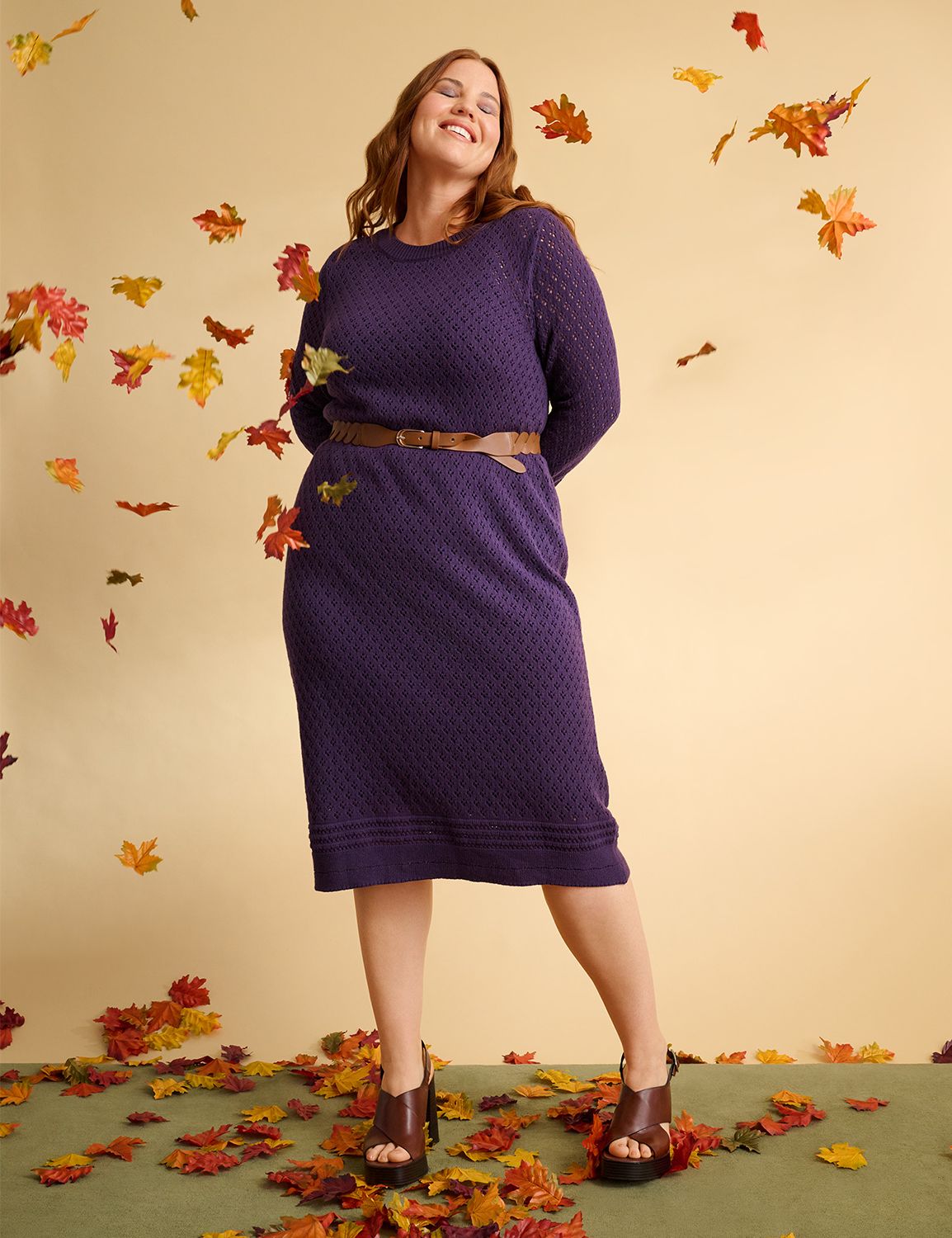 Long-Sleeve Pointelle Sweater Midi Dress