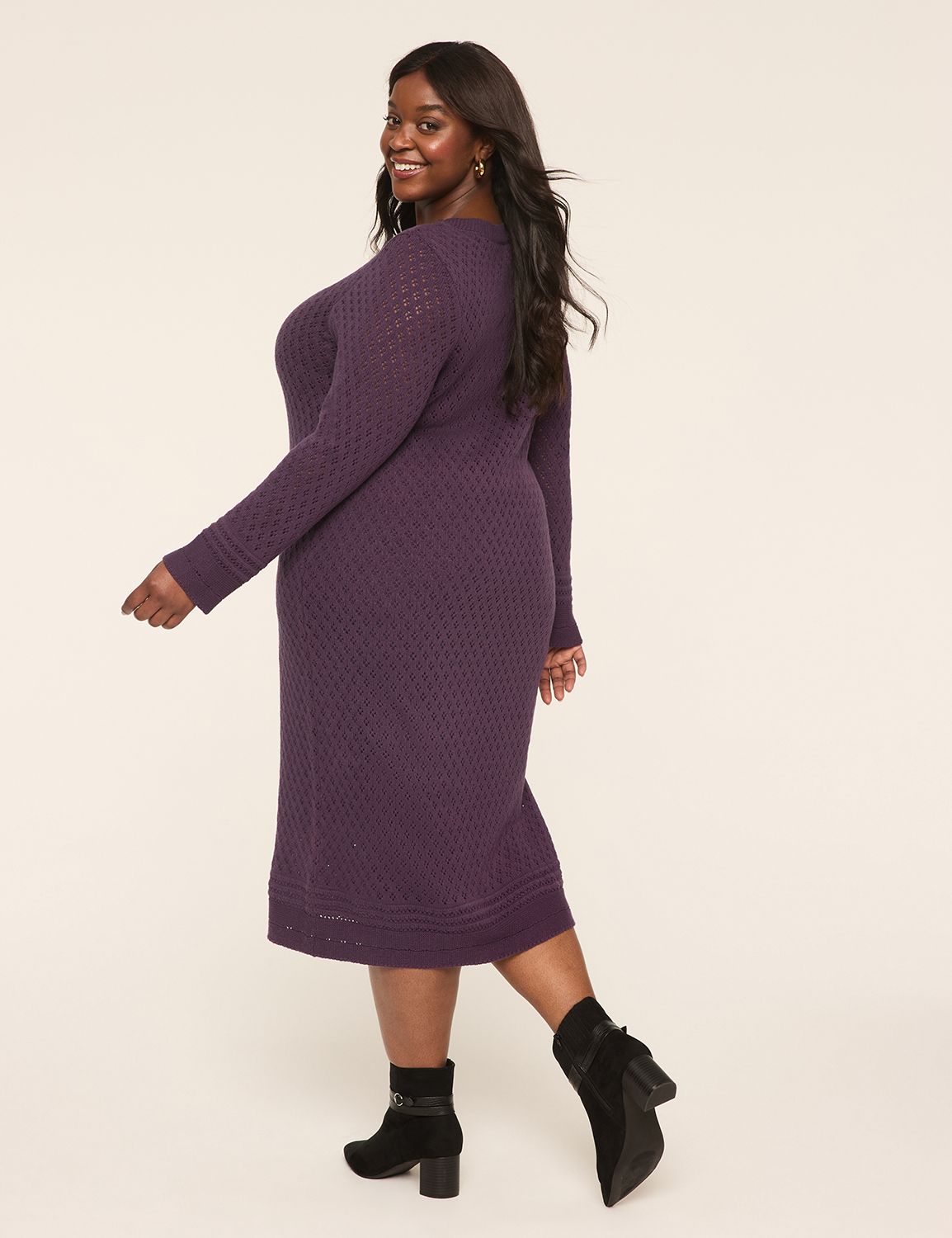 Long-Sleeve Pointelle Sweater Midi Dress