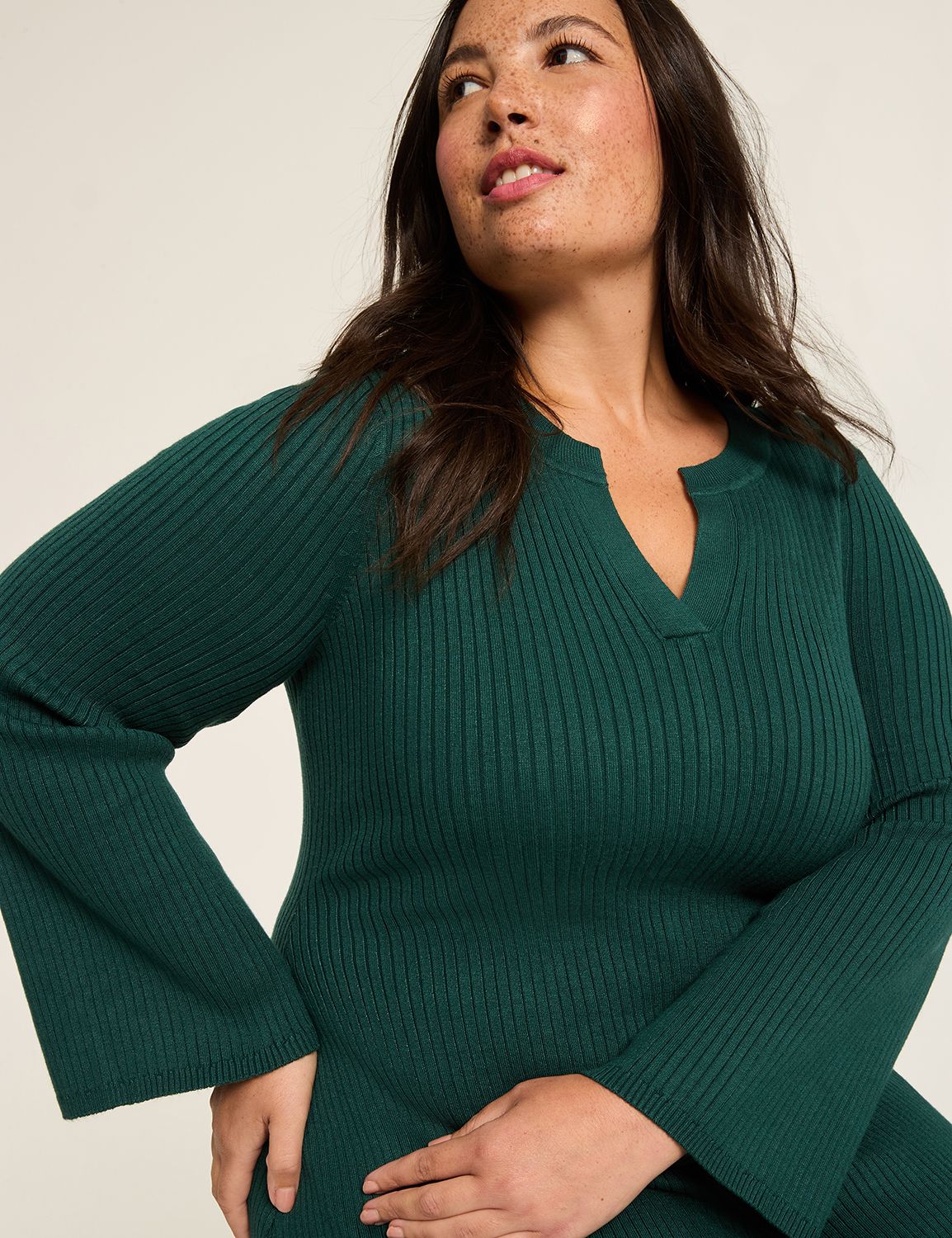 BELL SLEEVE SPLIT NECK RIB SWEATER Product Image 3