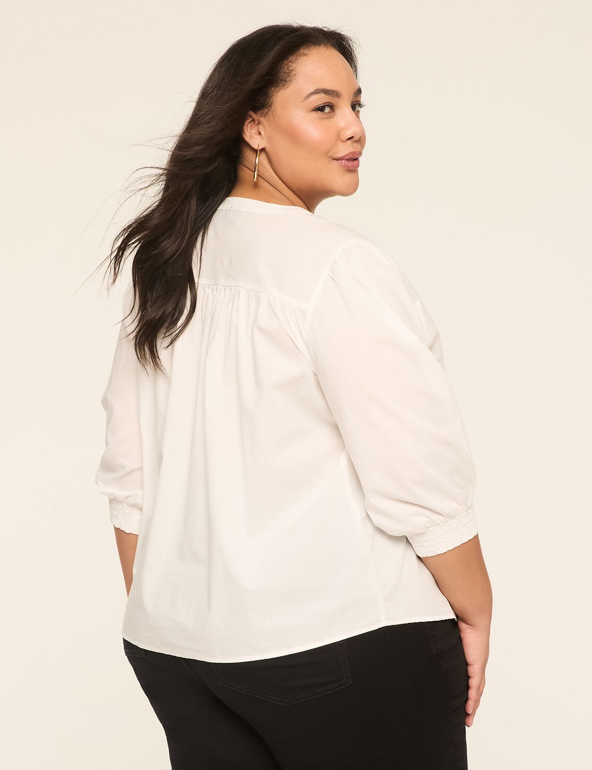 3/4-Sleeve Pintuck Button-Down Blouse