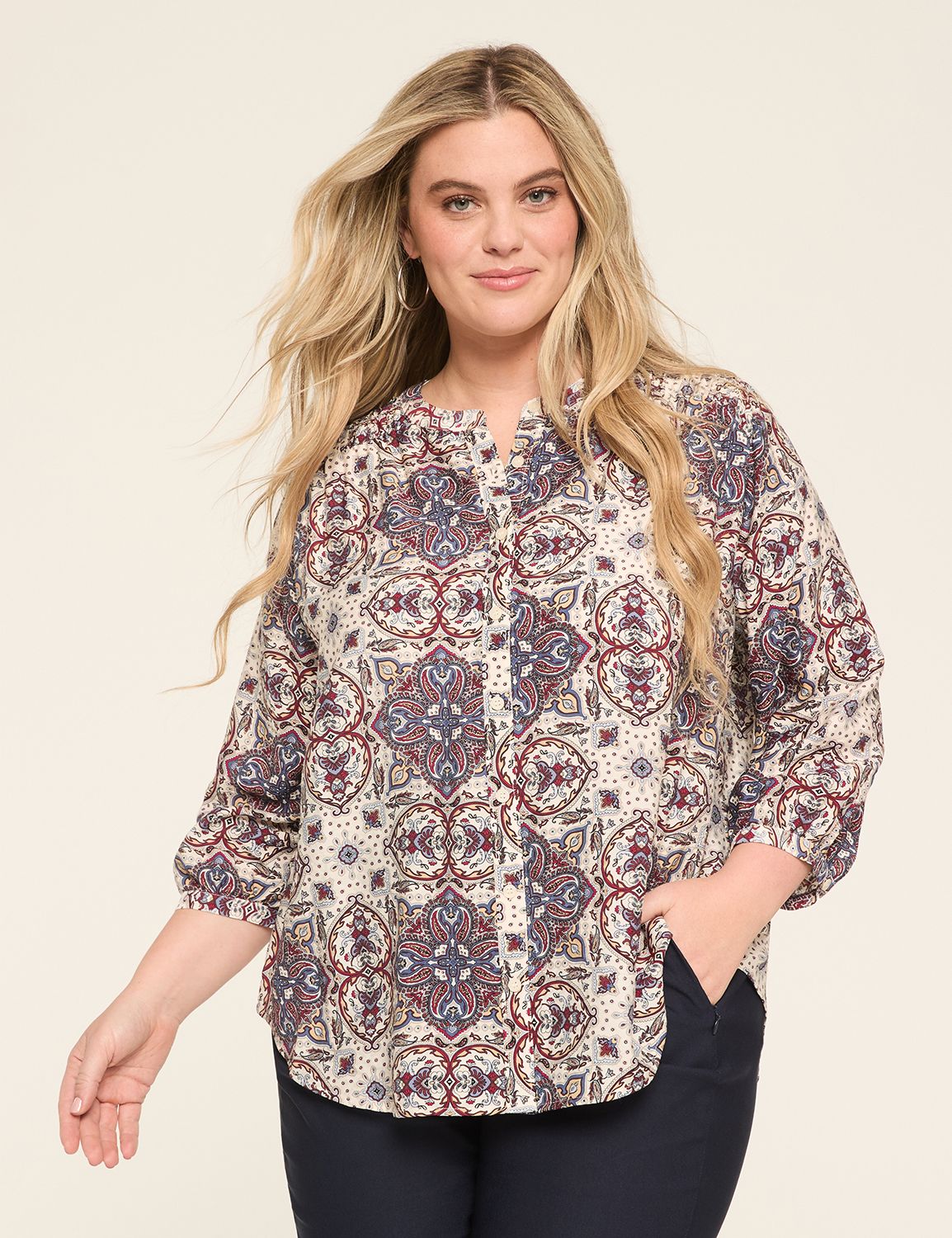 3/4-Sleeve Crew-Neck Button-Front Top