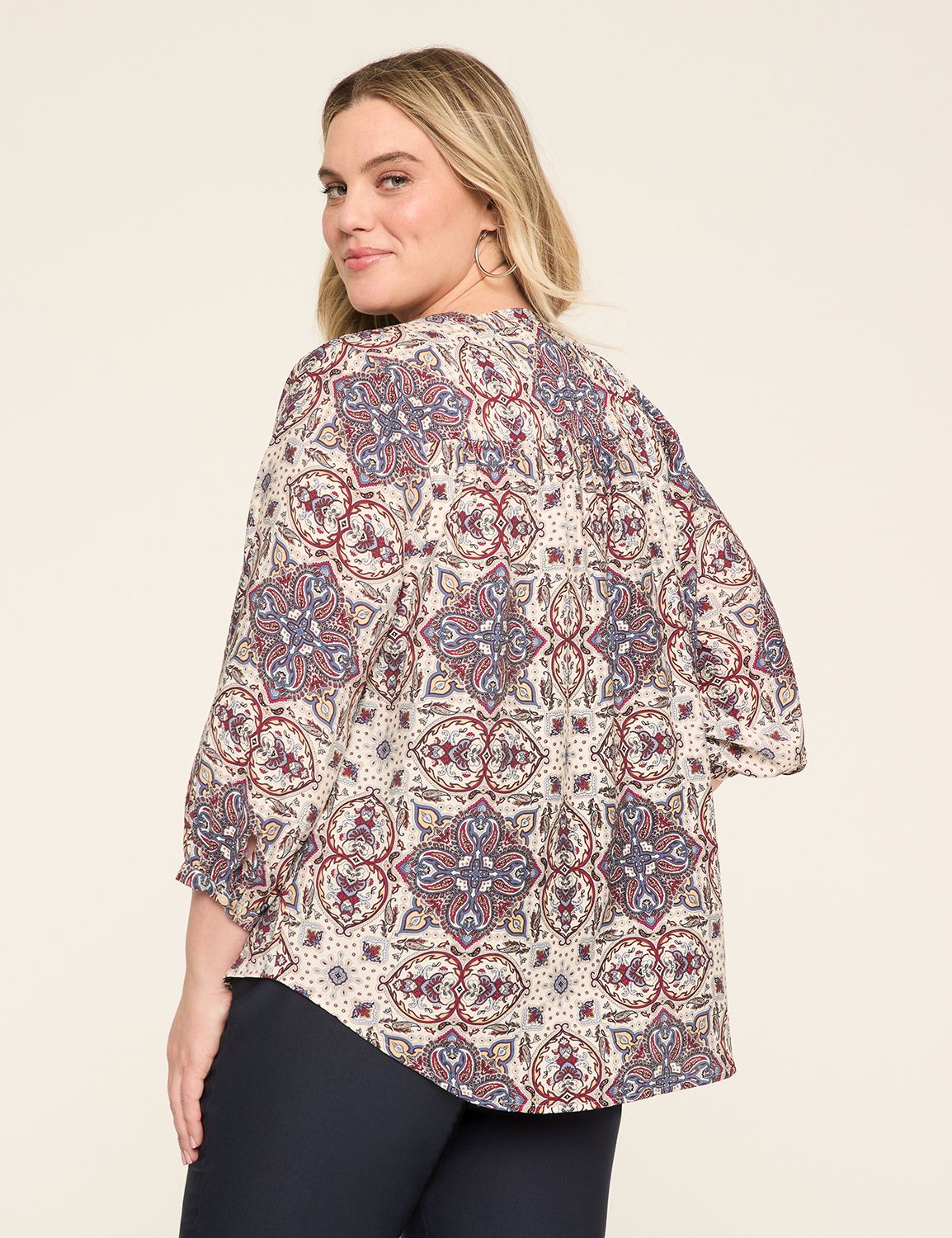3/4-Sleeve Crew-Neck Button-Front Top