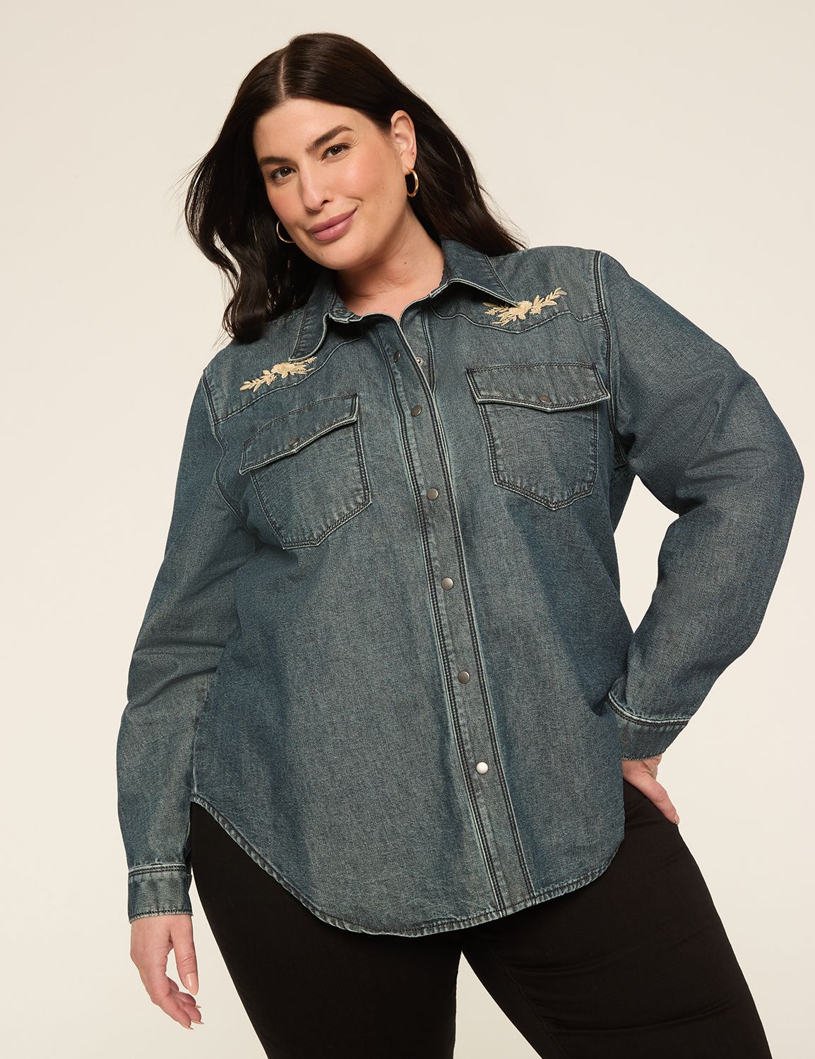 Denim Applique Button-Down Blouse