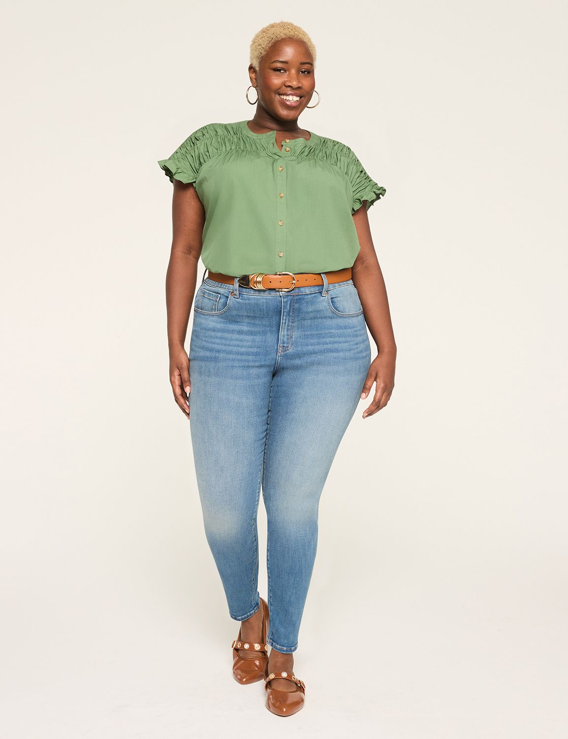 Relaxed Shirred Dolman-Sleeve Button-Down Blouse | LaneBryant