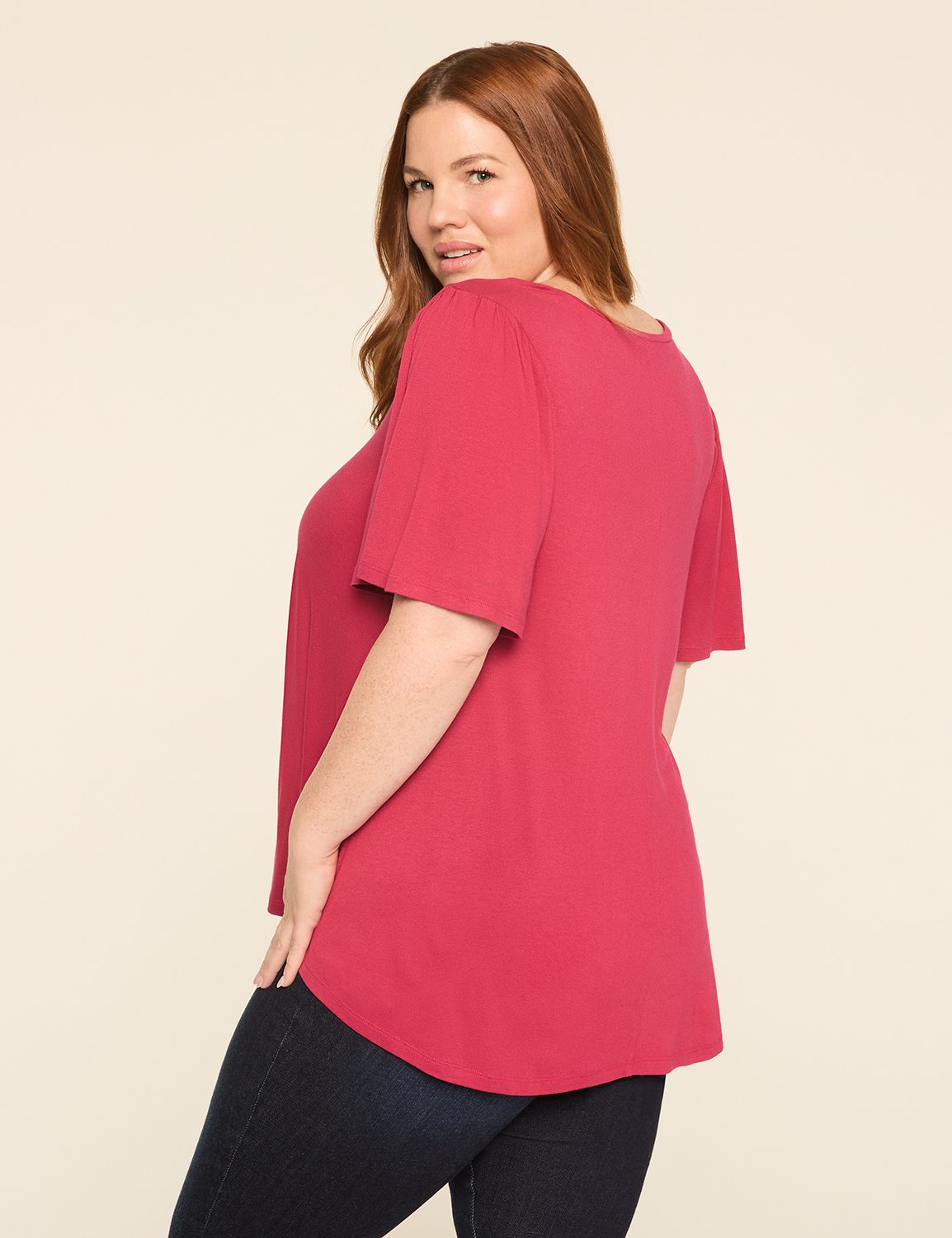 Elbow-Sleeve Shirred-Shoulder Top
