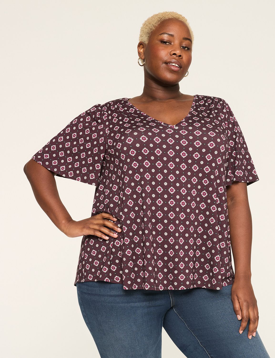 Elbow-Sleeve Shirred-Shoulder Top