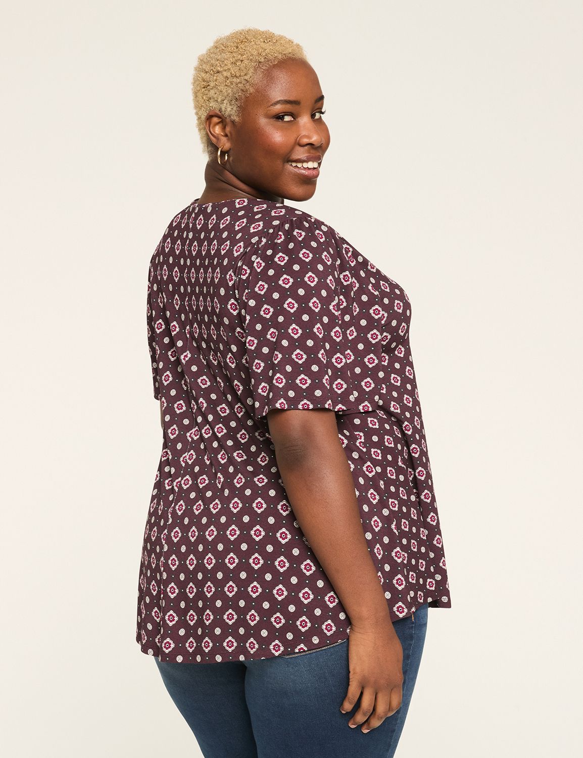 Elbow-Sleeve Shirred-Shoulder Top