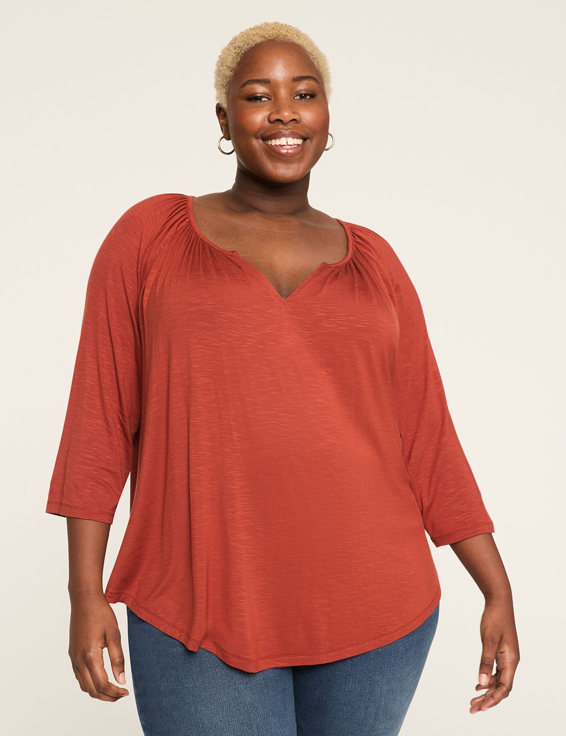 Casual 3/4 Sleeve V-Notch Swing Top | LaneBryant