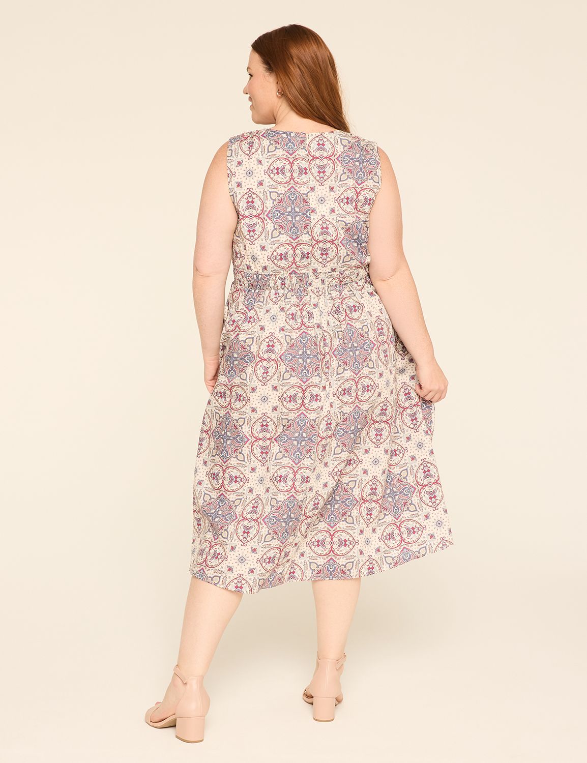 Shirred-Shoulder Smocked-Waist Midi Dress