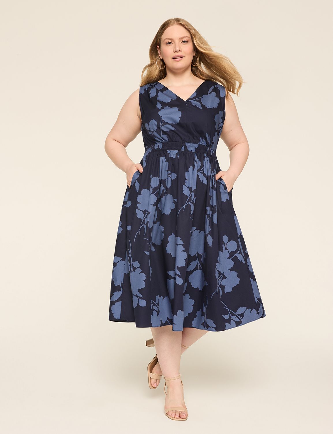 Shirred-Shoulder Smocked-Waist Midi Dress