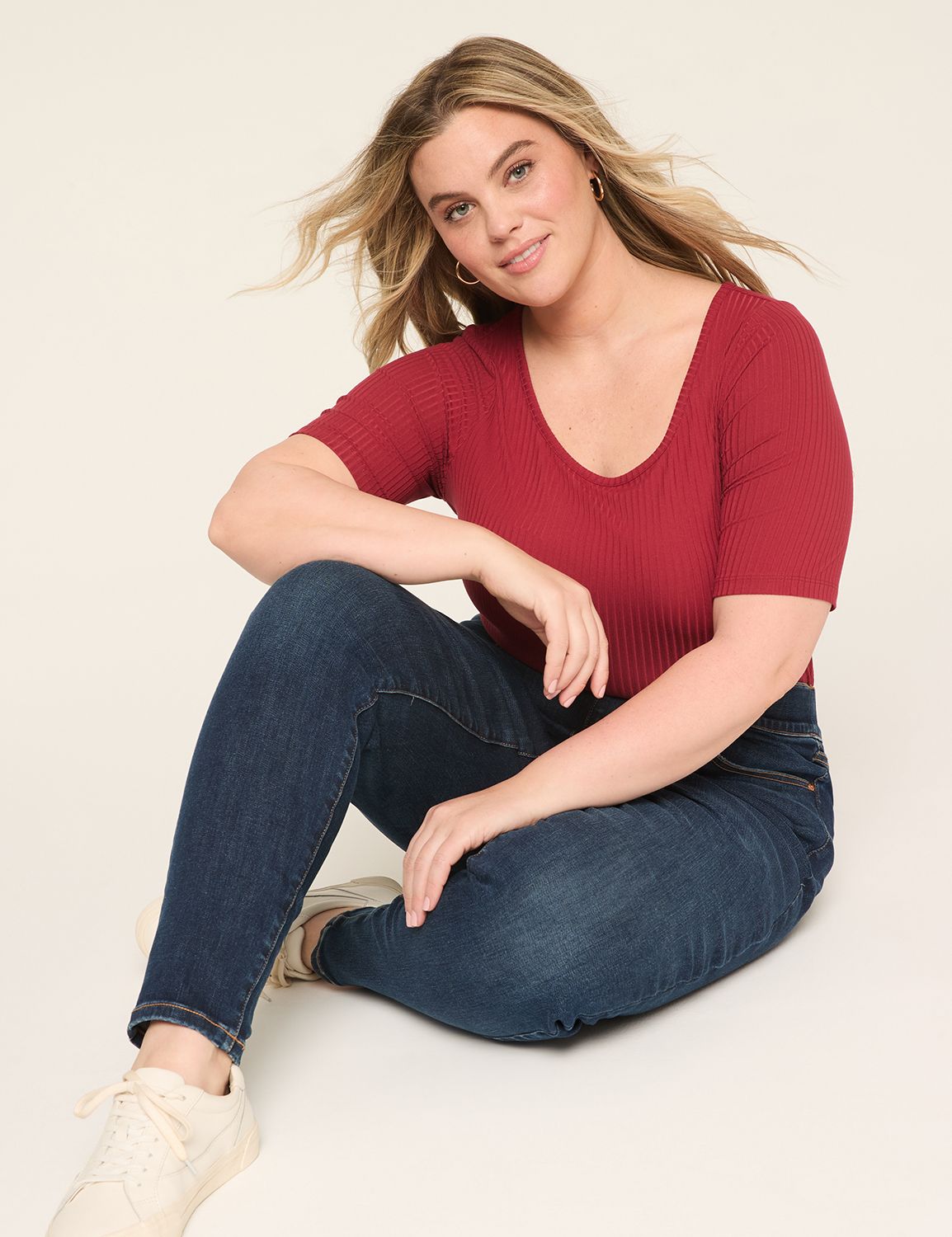 Rib Elbow-Sleeve Round-Neck Top | LaneBryant