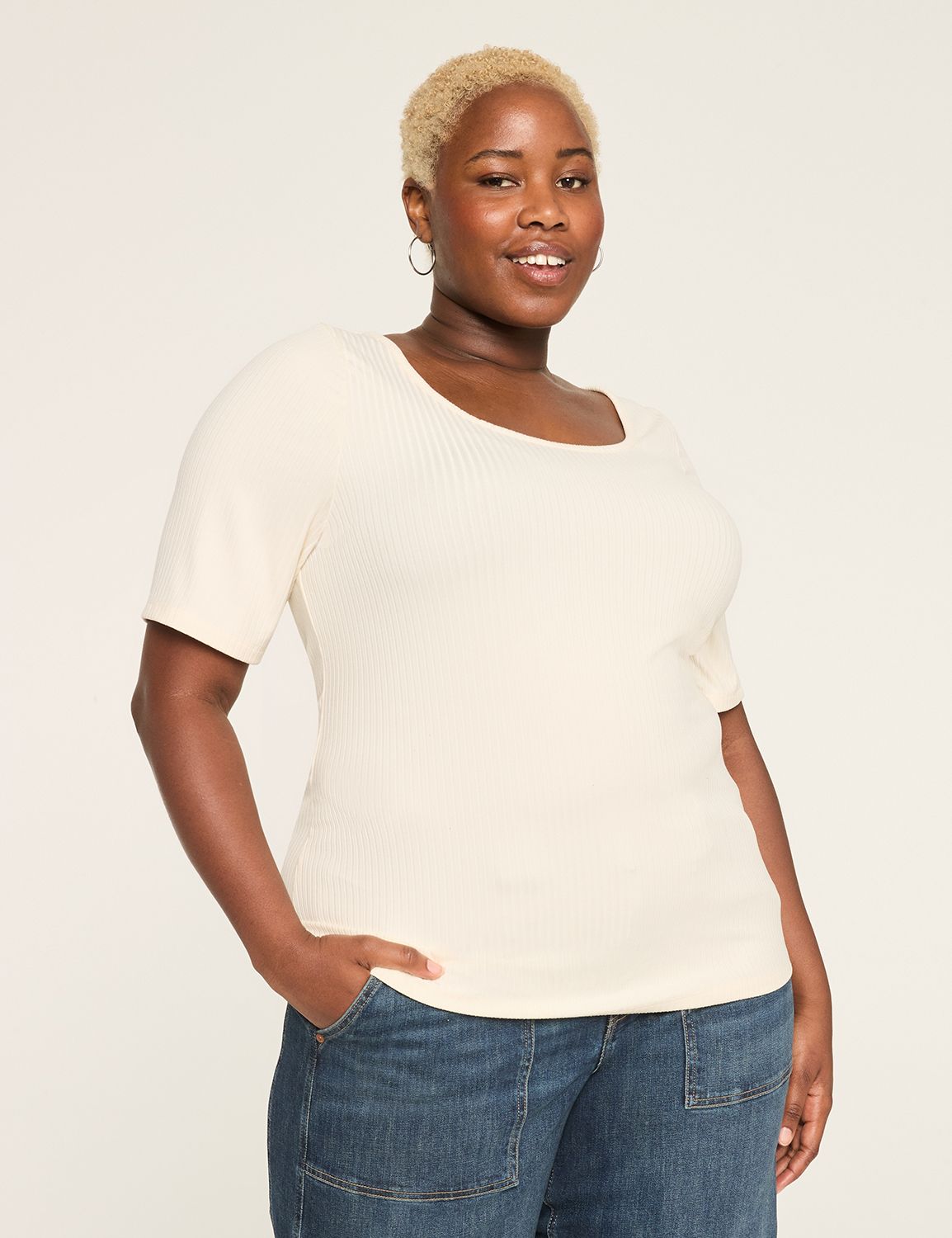 Casual Elbow Sleeve Round Neck Rib Product Image 1