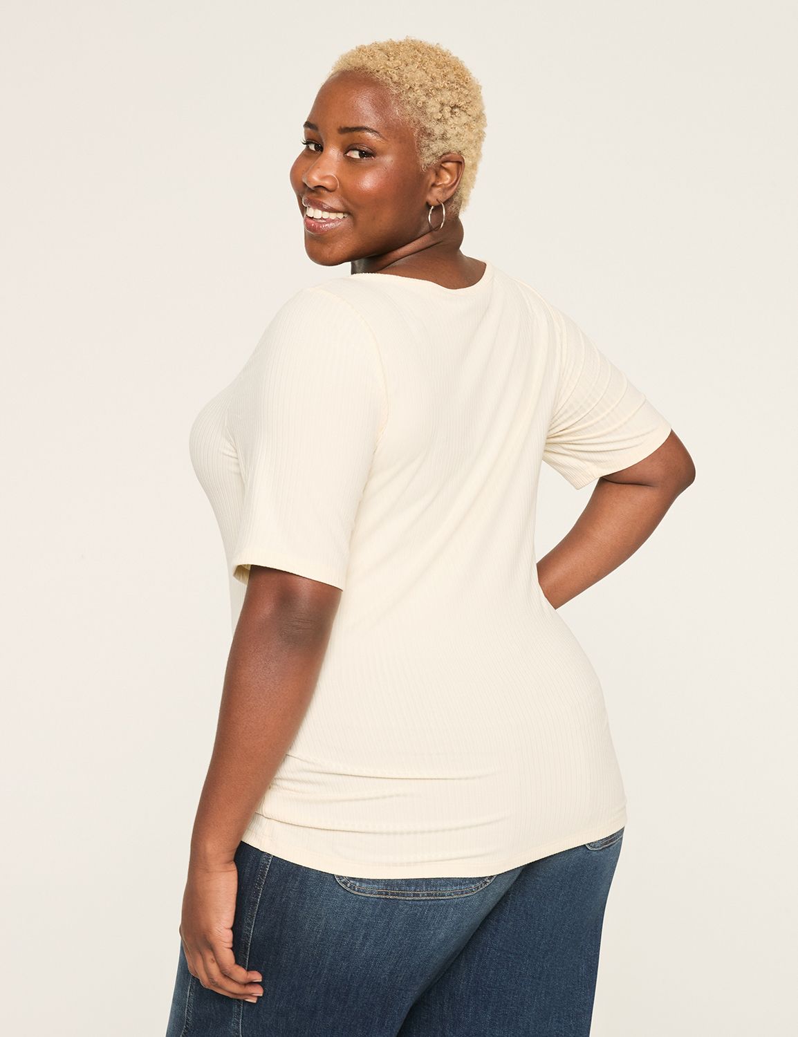 Casual Elbow Sleeve Round Neck Rib Product Image 2