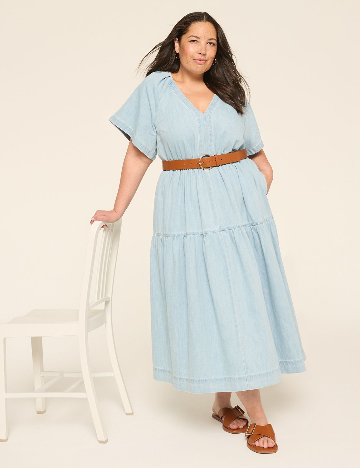 Flutter-Sleeve V-Neck Midi Dress