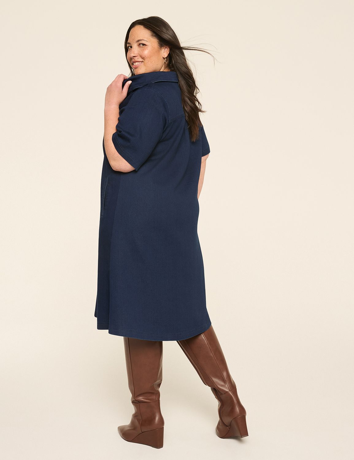 SS COLLARED POPOVER KNIT DENIM DRES | LaneBryant