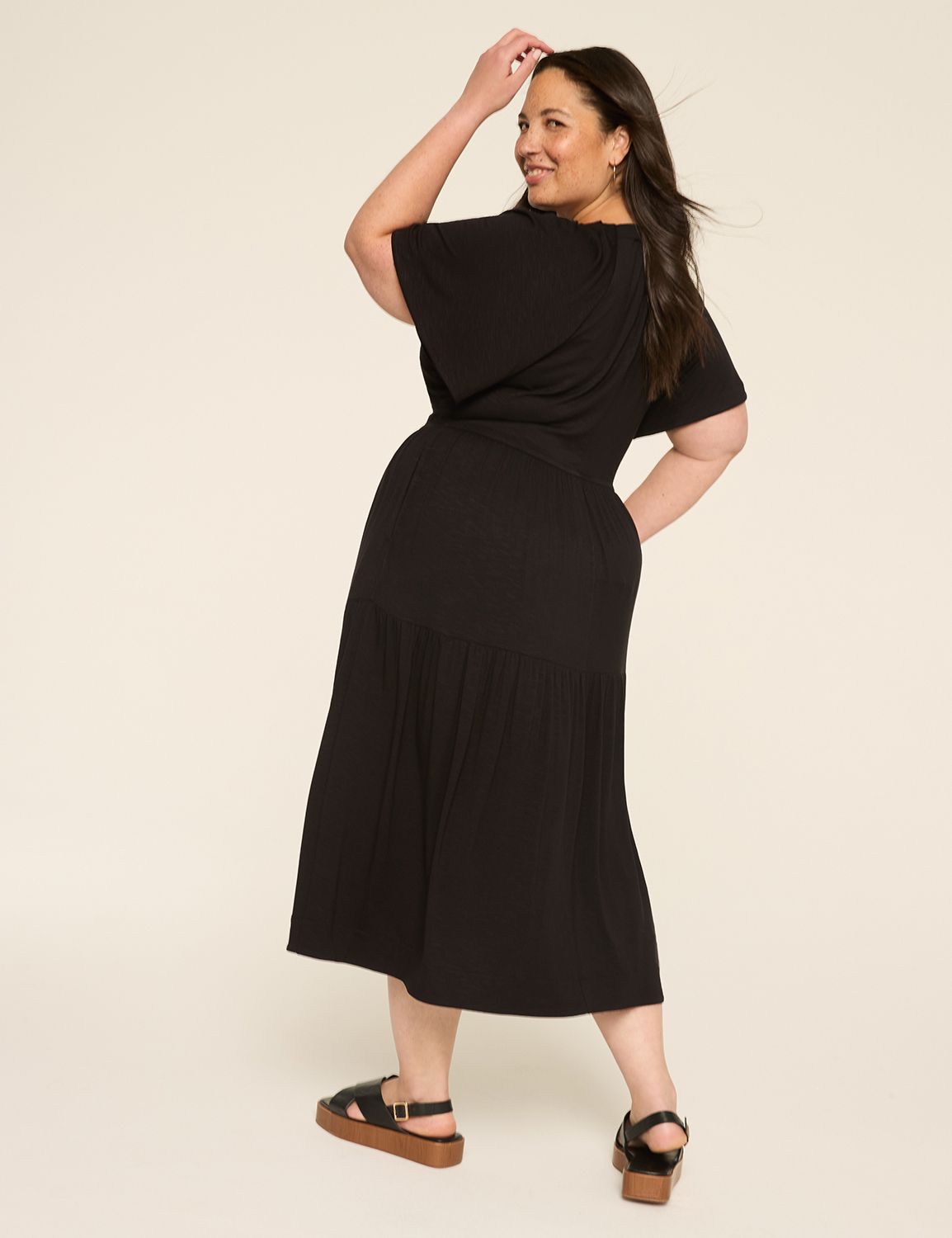 Flutter-Sleeve V-Neck Midi Dress