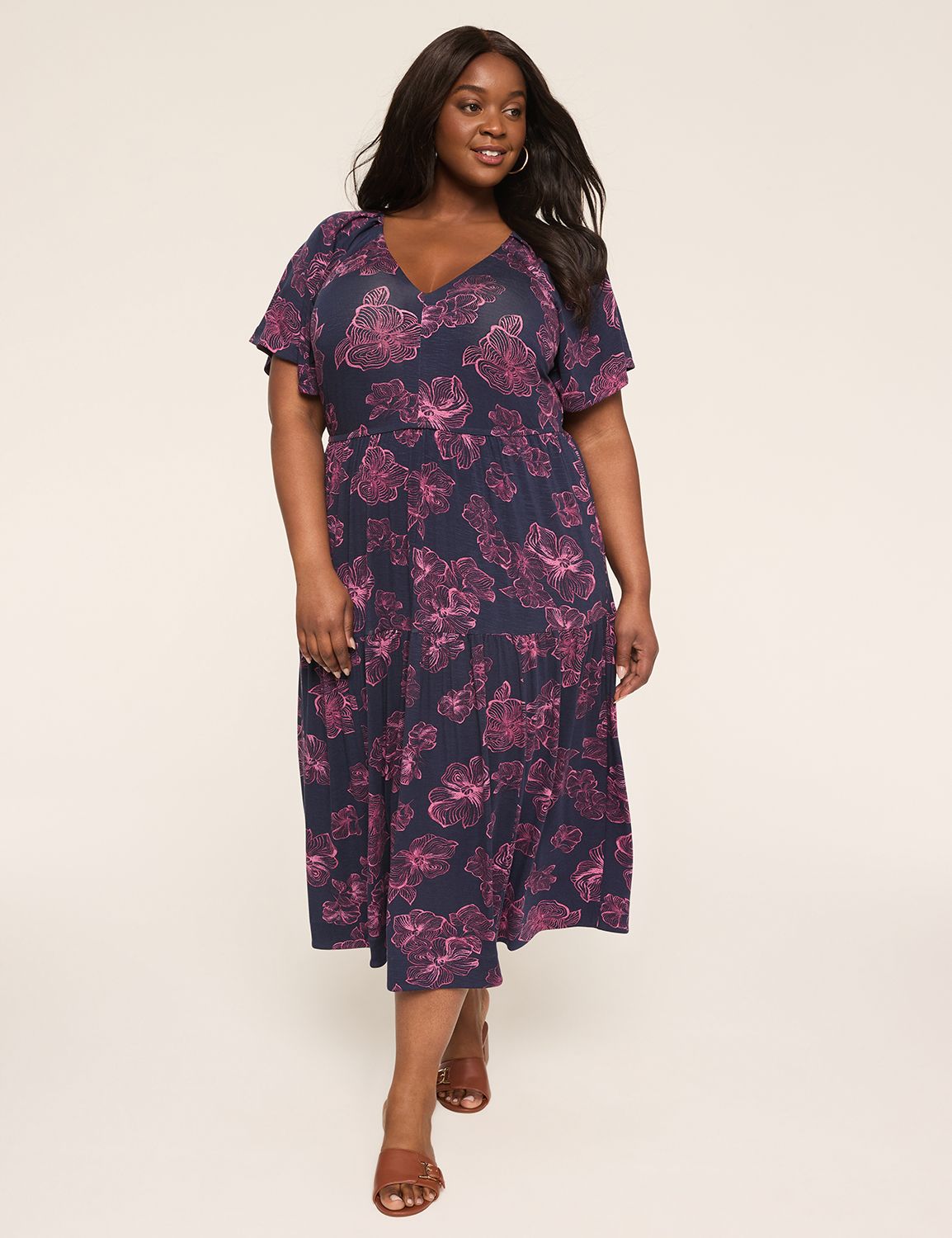 Flutter-Sleeve V-Neck Midi Dress