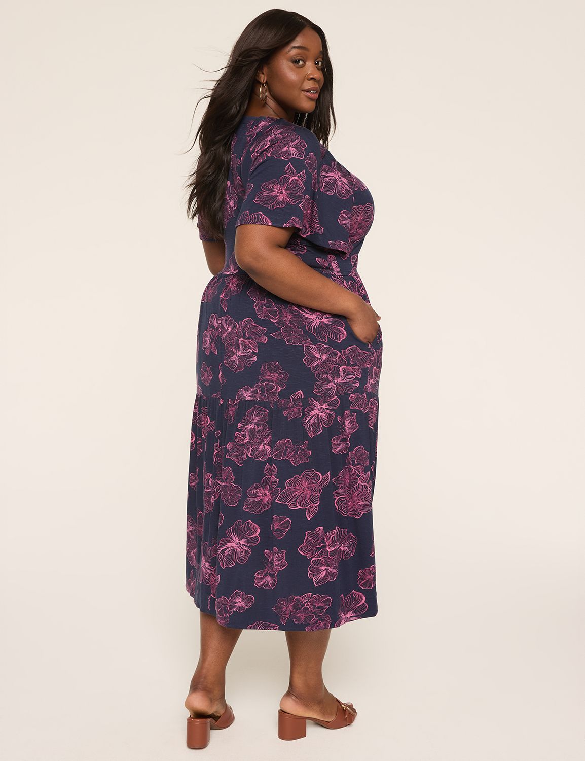 Flutter-Sleeve V-Neck Midi Dress