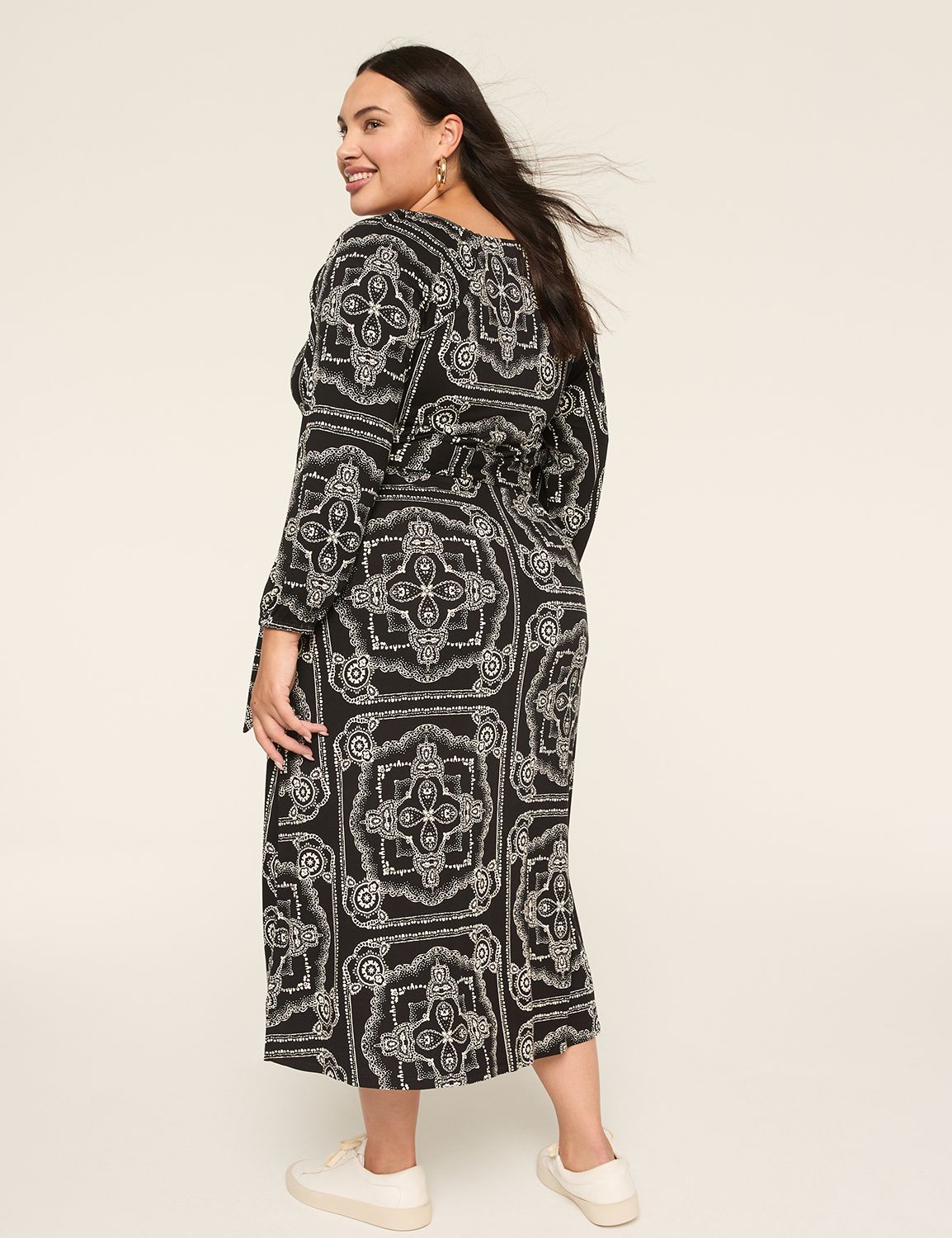 3/4-Sleeve Tie-Waist Midi Dress