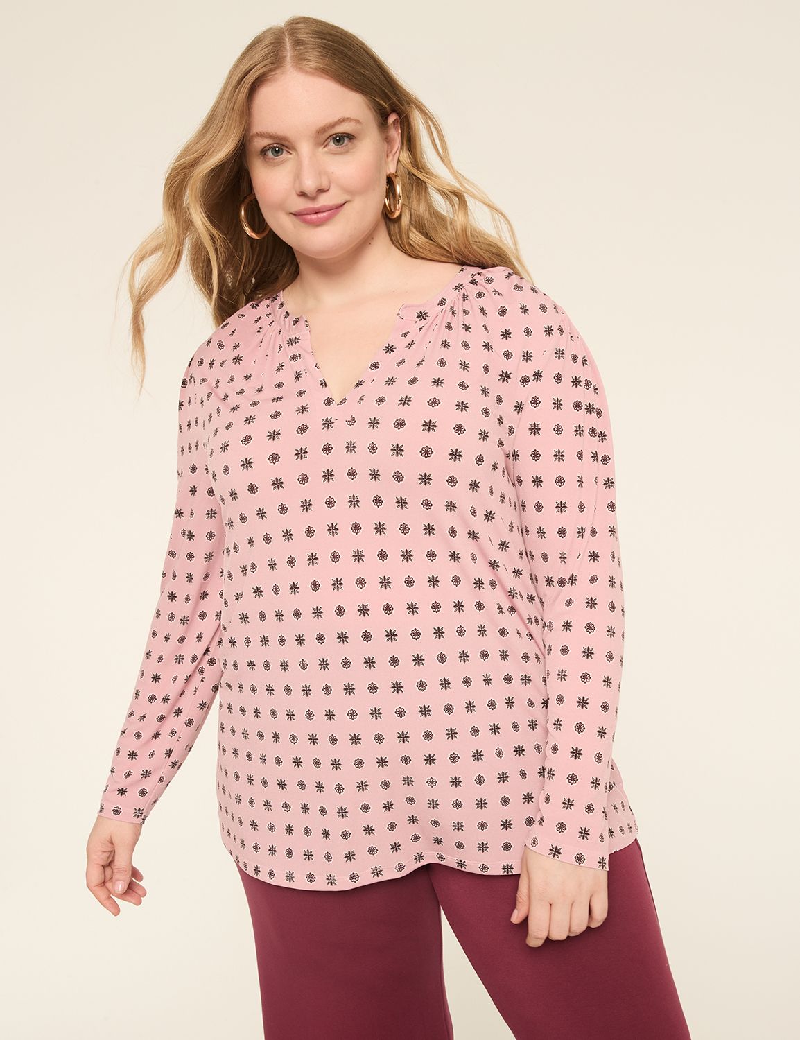 Long Sleeve Shirred Notch Neck Top Product Image 1