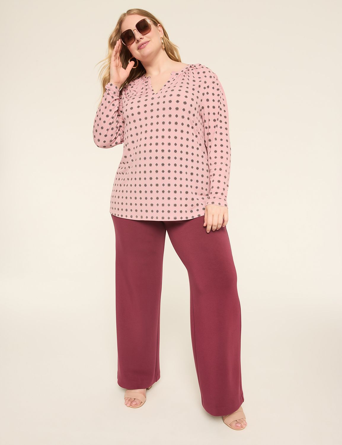 Long Sleeve Shirred Notch Neck Top Product Image 3