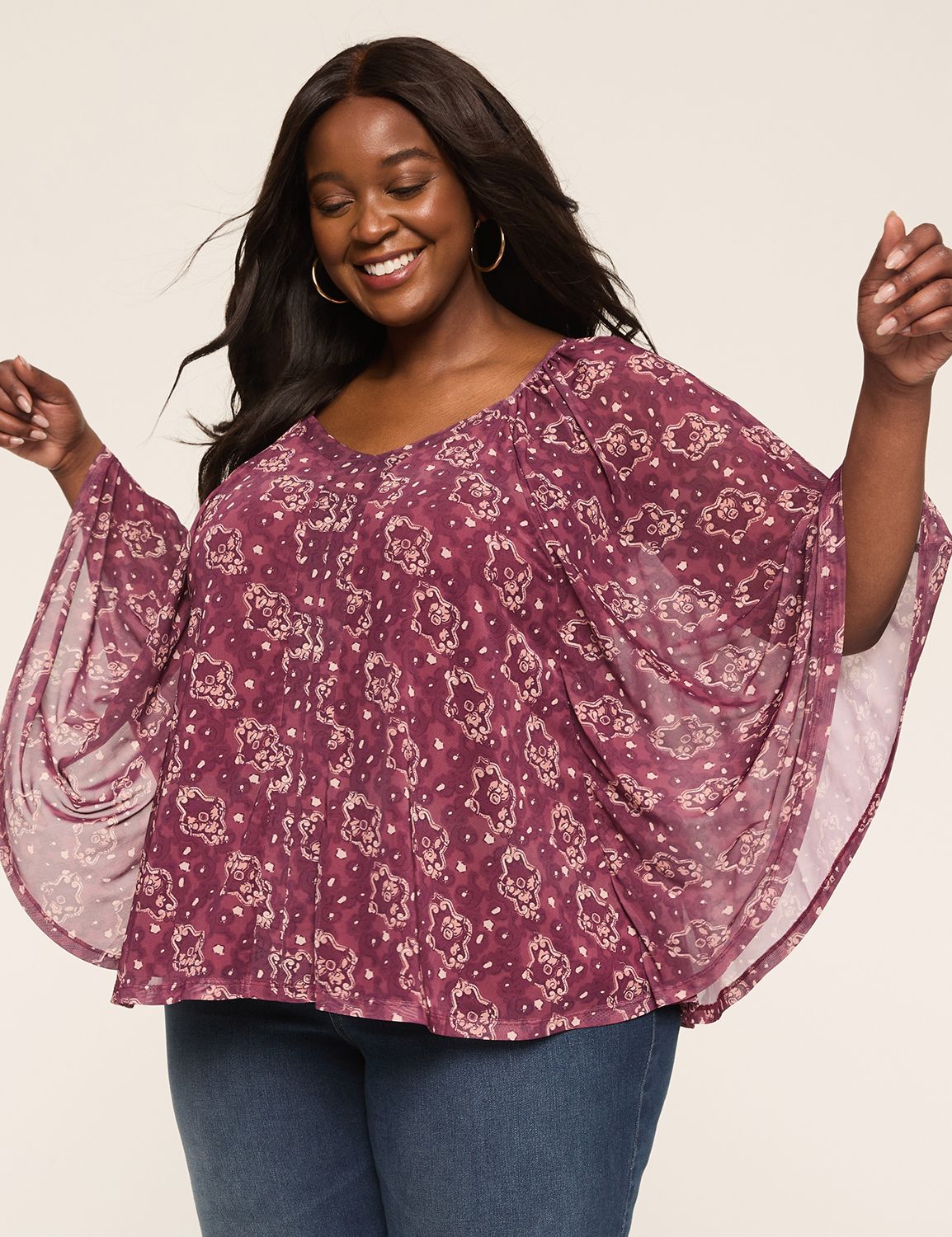 Mesh V-Neck Circle Drama Top
