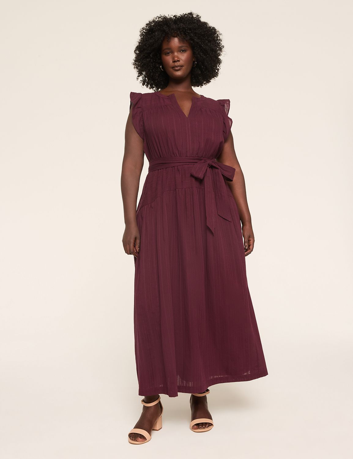 Textured Flutter-Sleeve Tie-Waist Maxi Dress