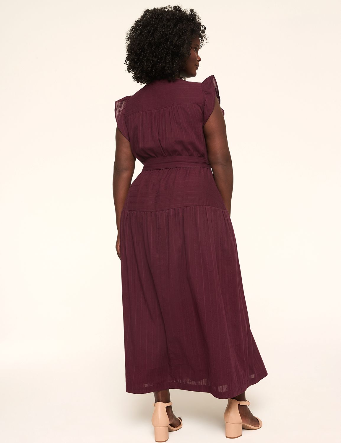 Textured Flutter-Sleeve Tie-Waist Maxi Dress