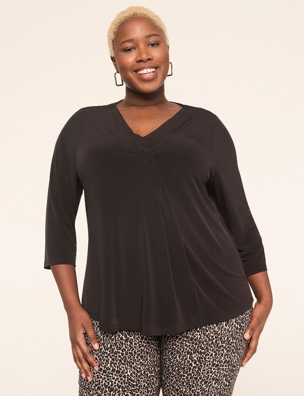 Swing 3/4 Sleeve V Neck Pleat Front Product Image 1