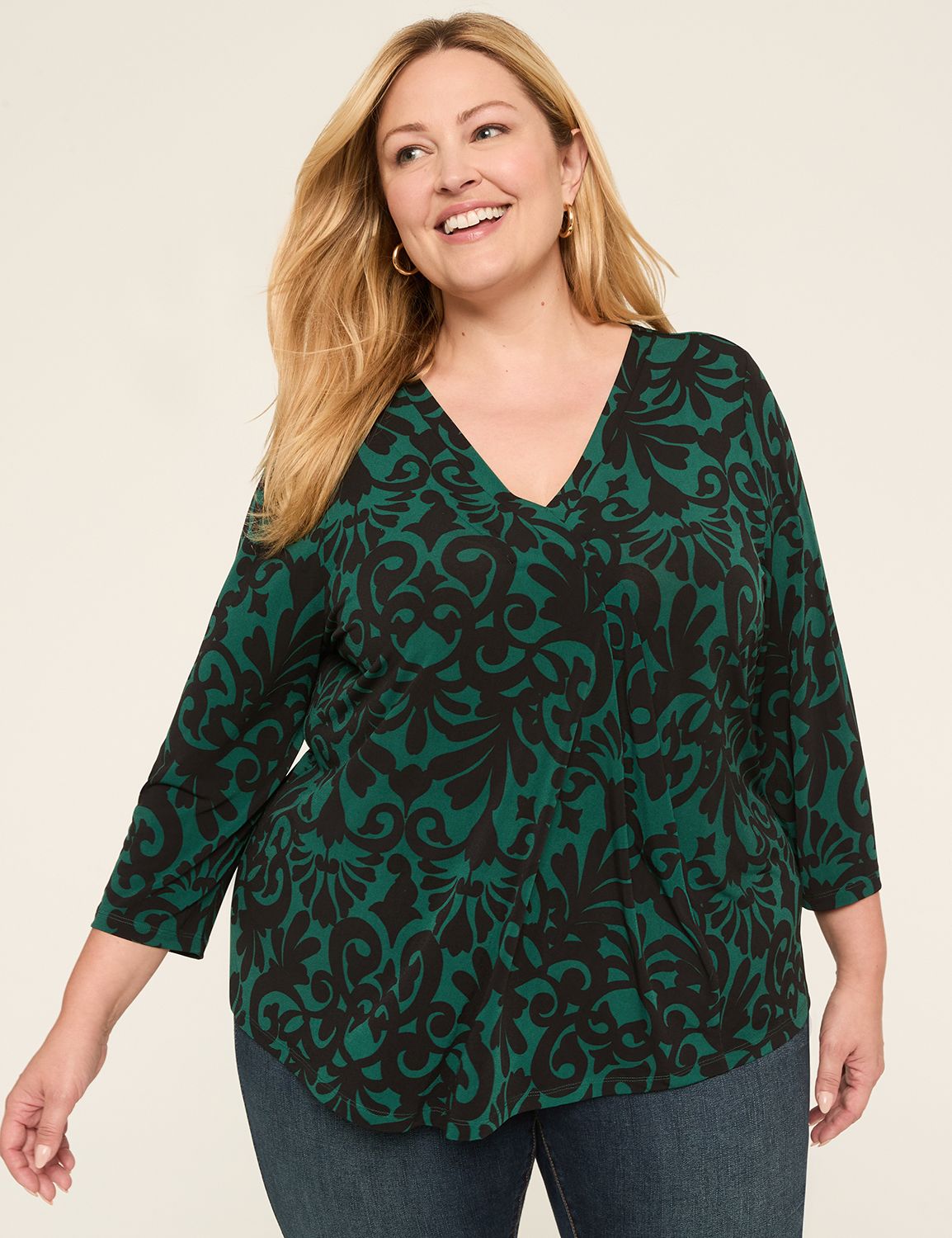 Swing 3/4 Sleeve V Neck Pleat Front Product Image 1
