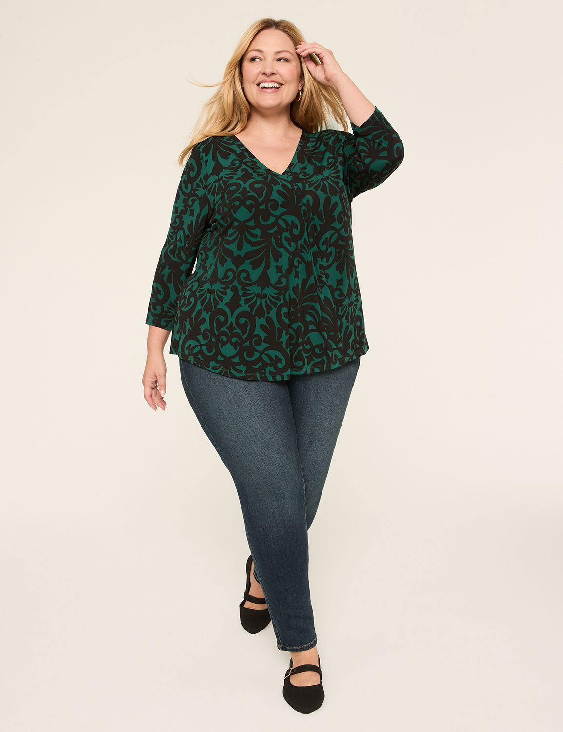 Swing 3/4 Sleeve V Neck Pleat Front Product Image 3