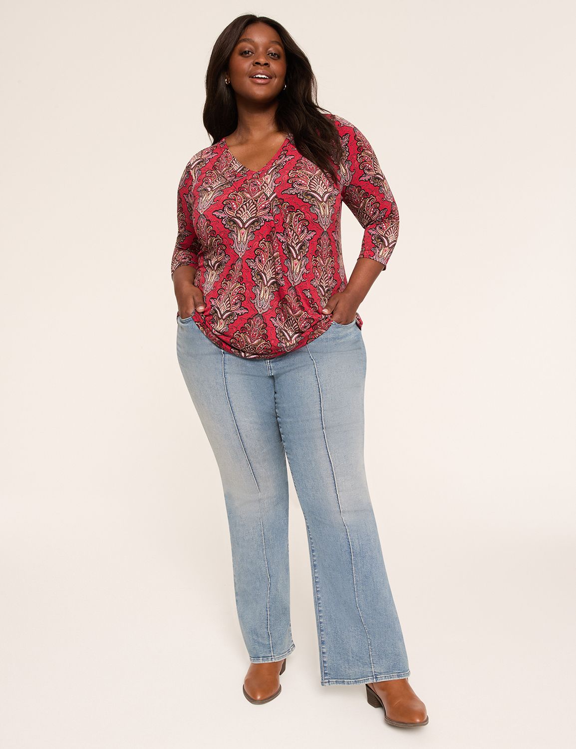 Swing 3/4 Sleeve V Neck Pleat Front Product Image 3