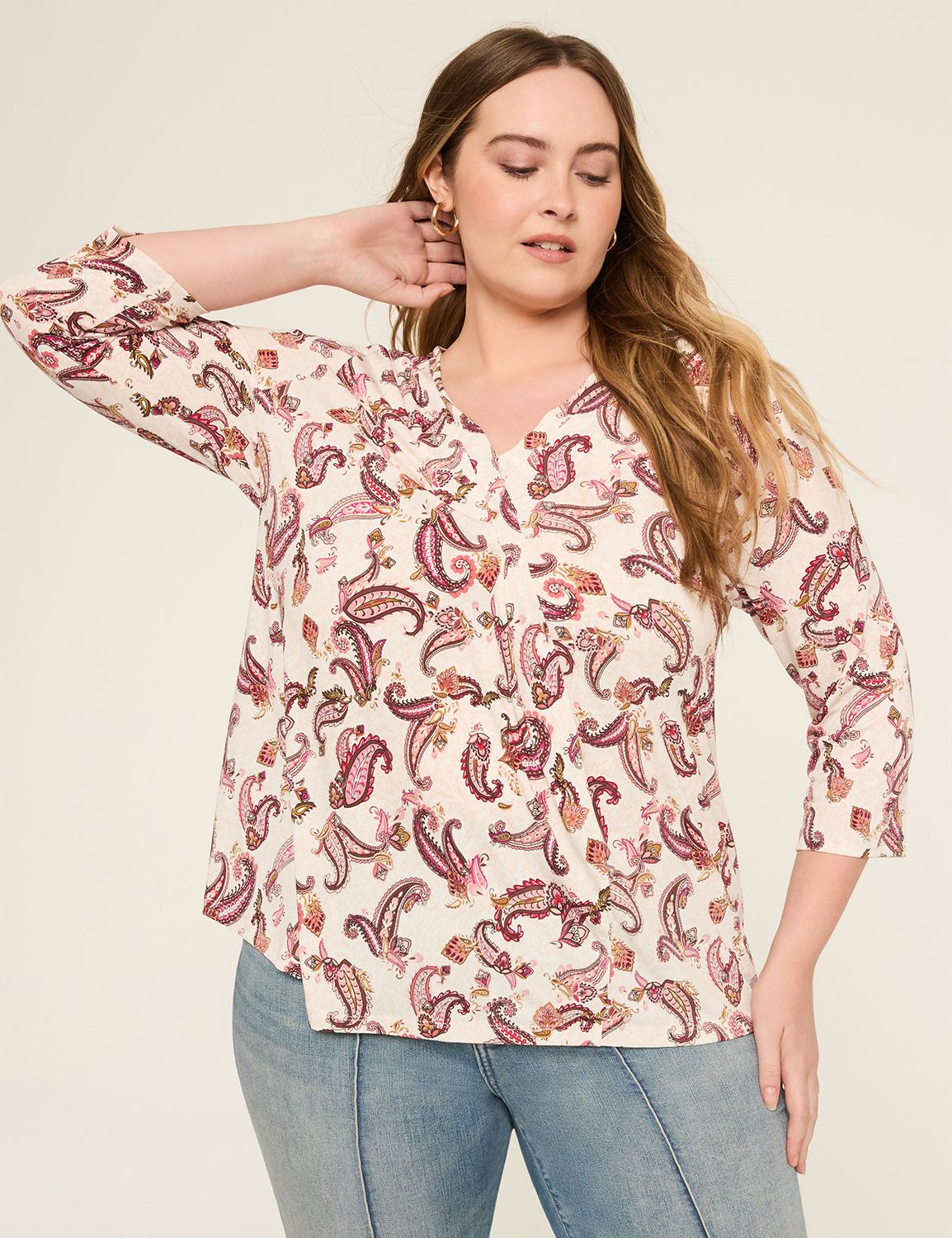 Swing 3/4-Sleeve Pleat-Front Top