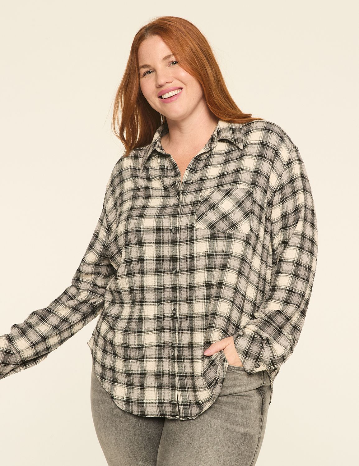Crinkle Plaid Button-Down Shirt