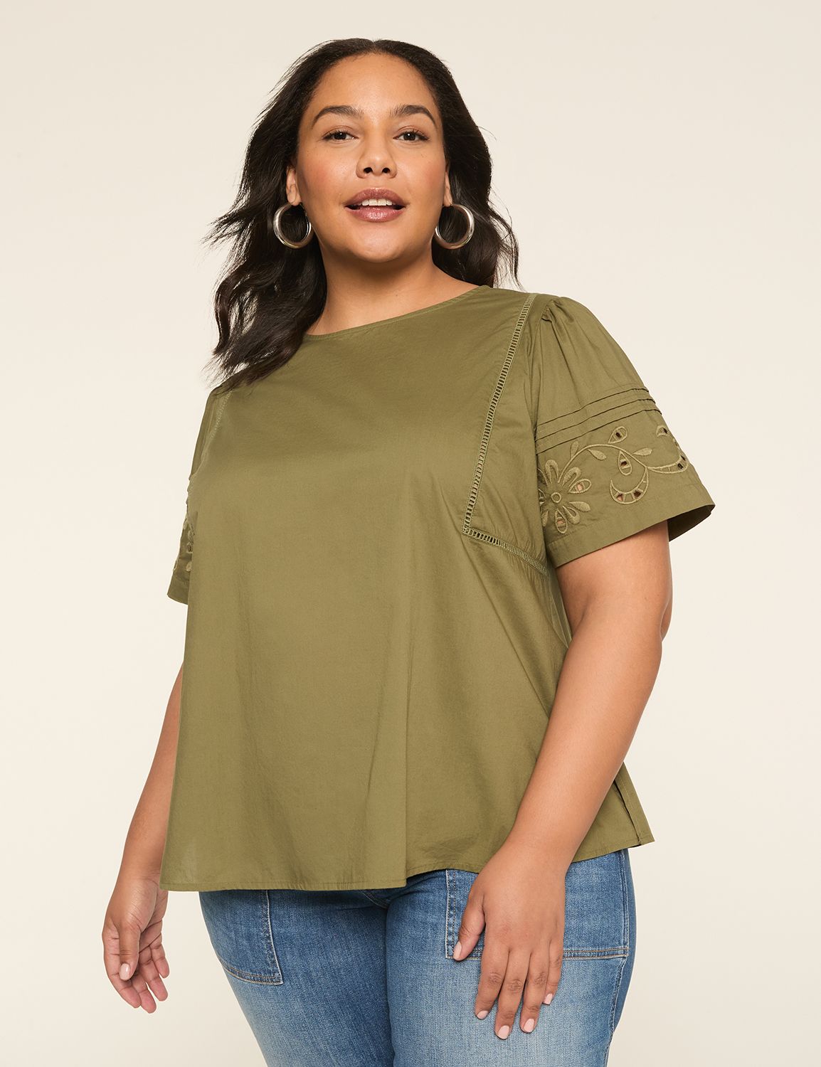 Embroidered Flutter-Sleeve Popover Blouse