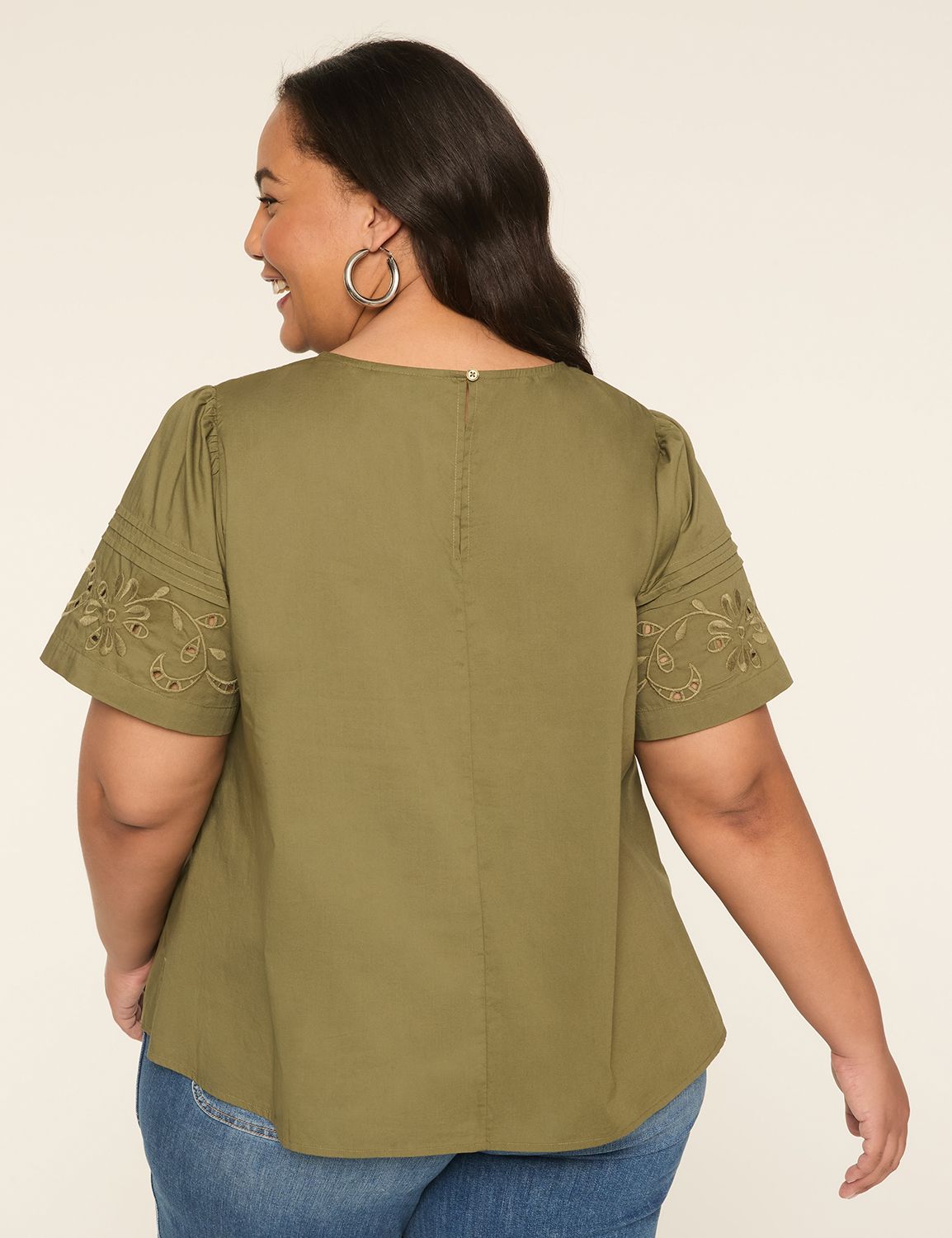 Embroidered Flutter-Sleeve Popover Blouse