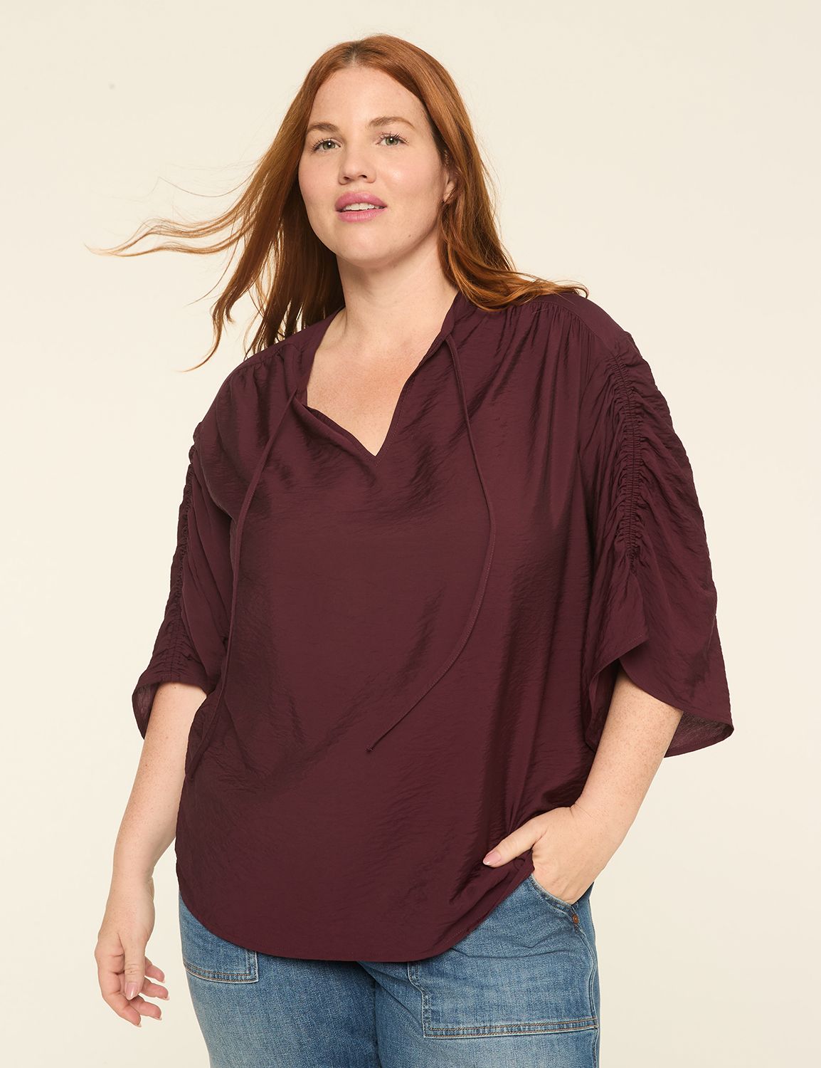 Relaxed 3/4-Sleeve Notch-Neck Popover