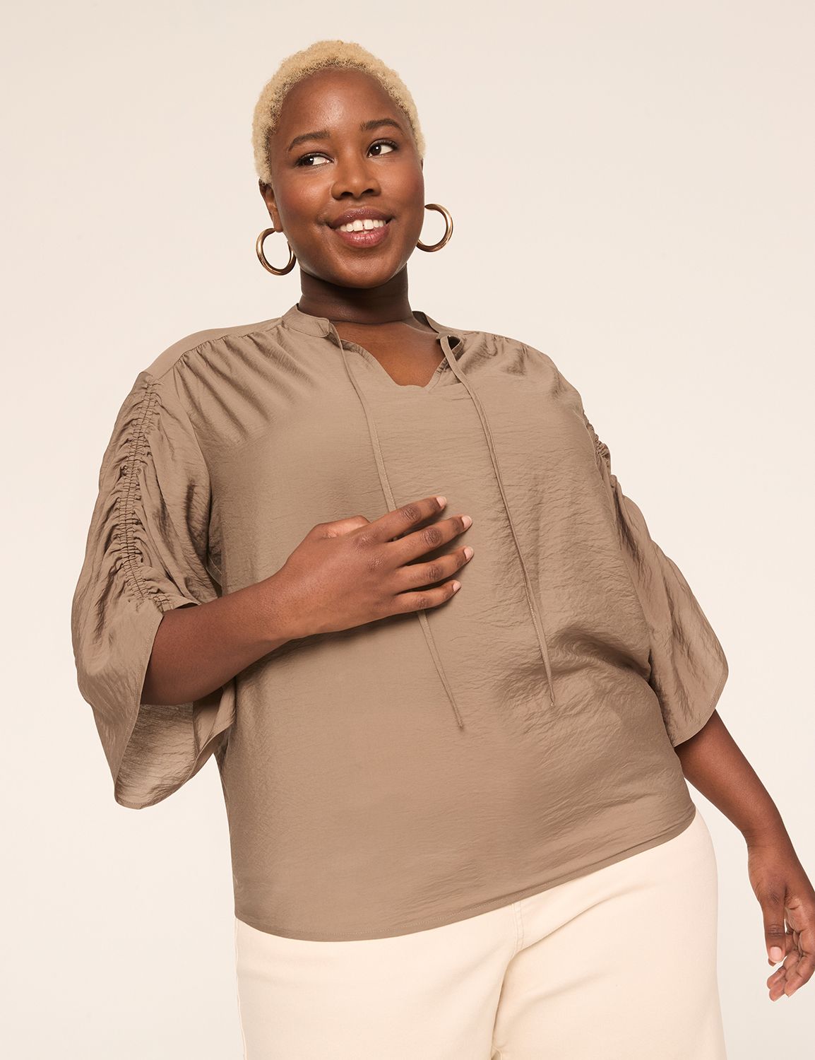 Relaxed 3/4-Sleeve Notch-Neck Popover
