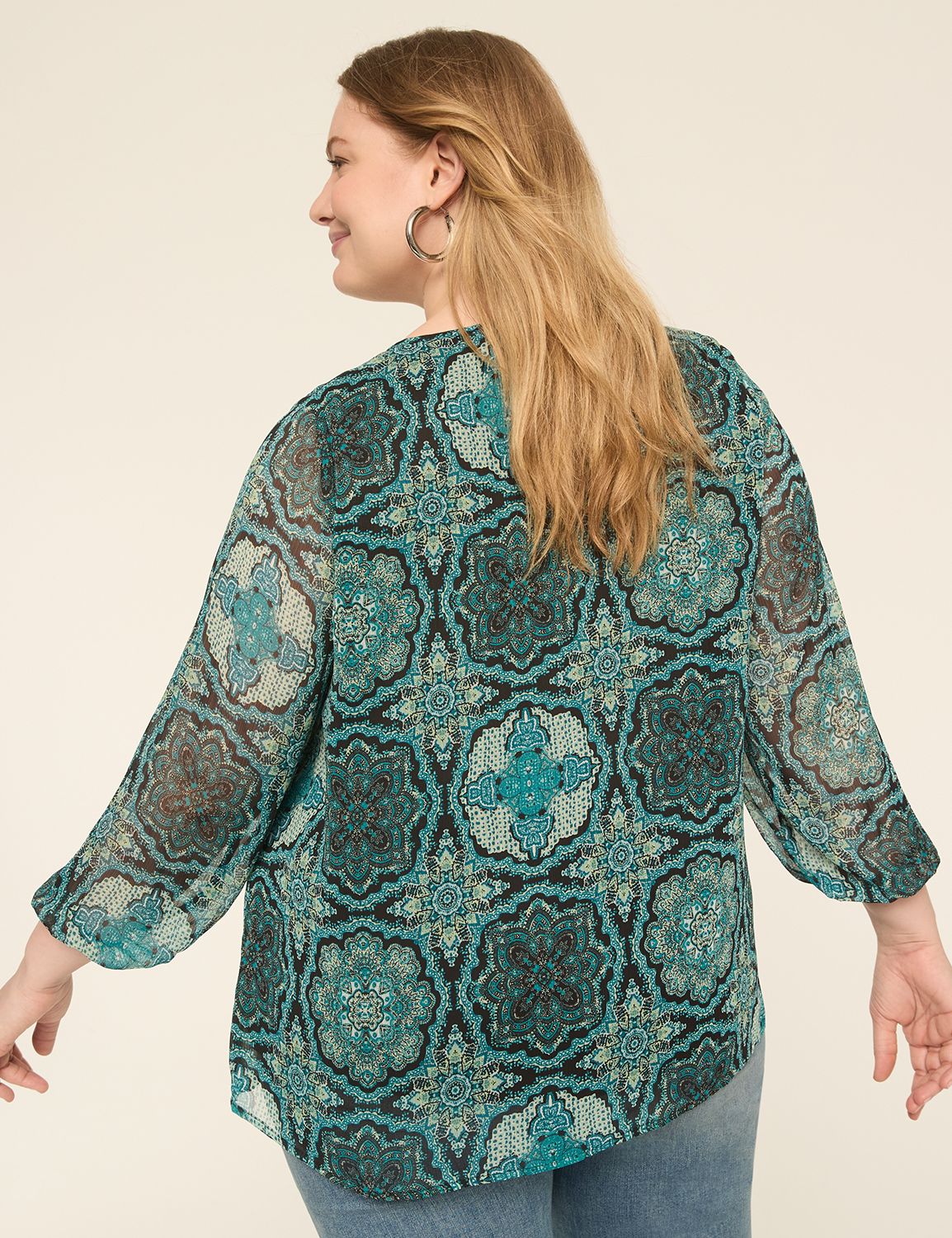 Tassel-Tie Notch-Neck Popover Blouse