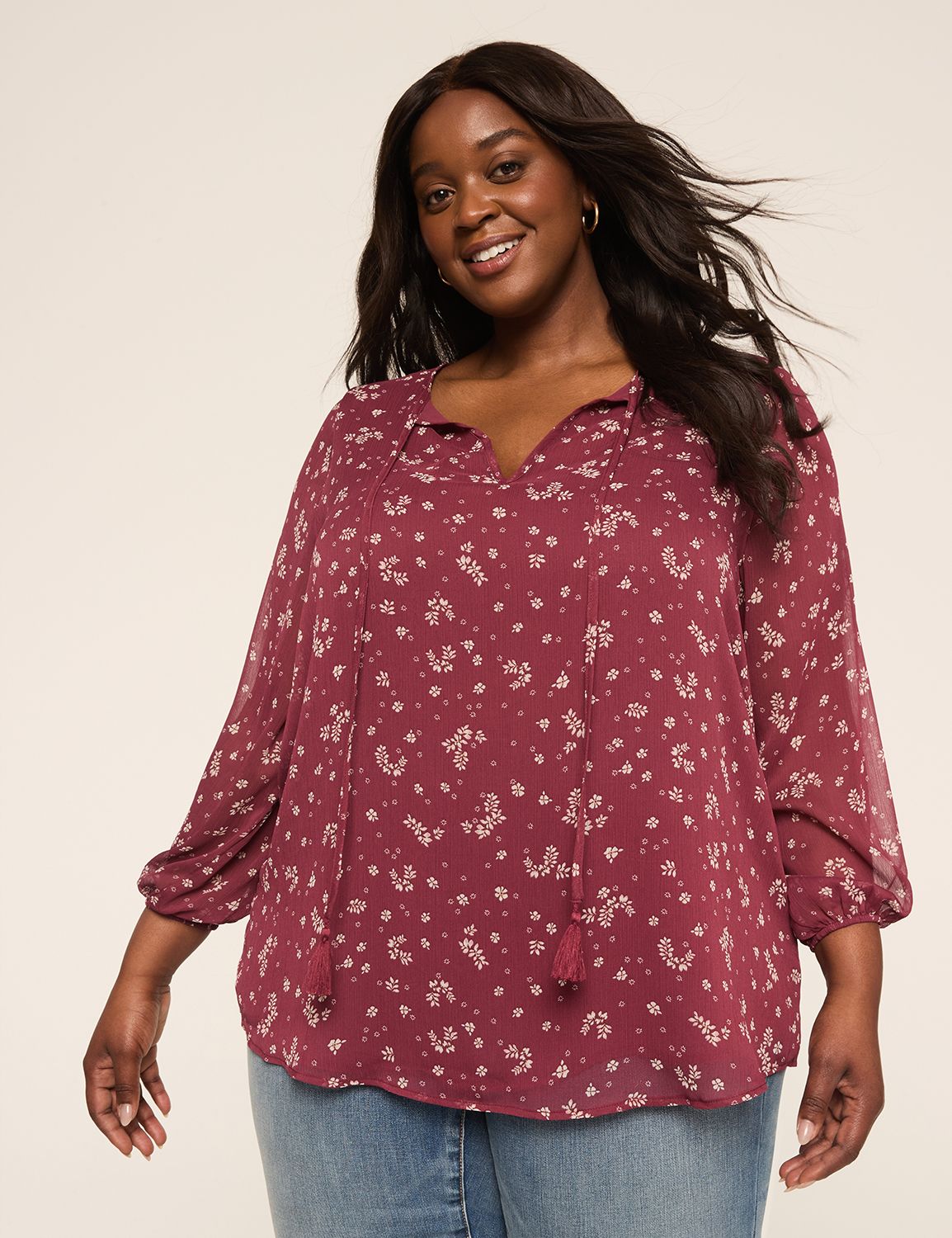 Tassel-Tie Notch-Neck Popover Blouse