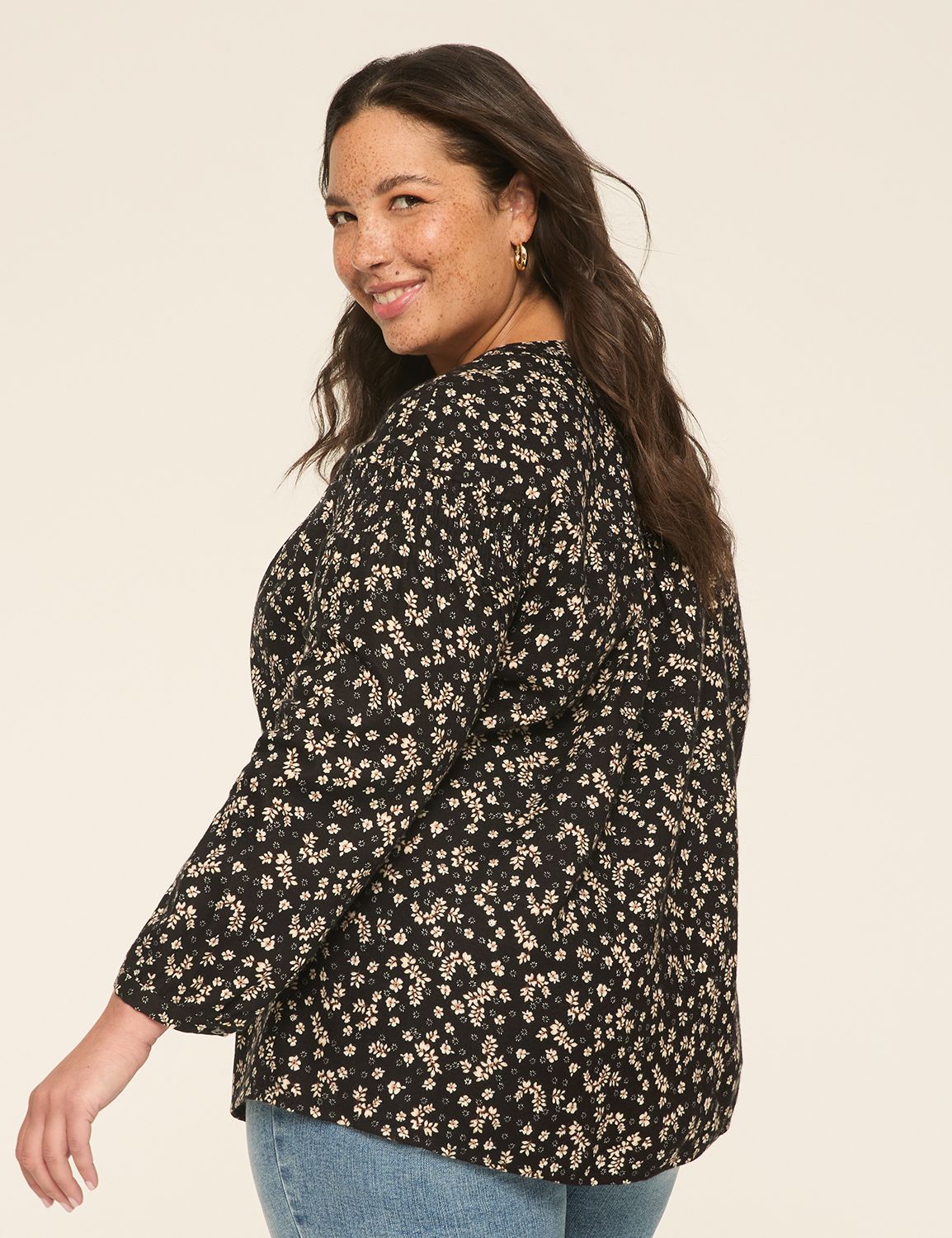 Bracelet-Sleeve Smocked-Shoulder Popover Blouse